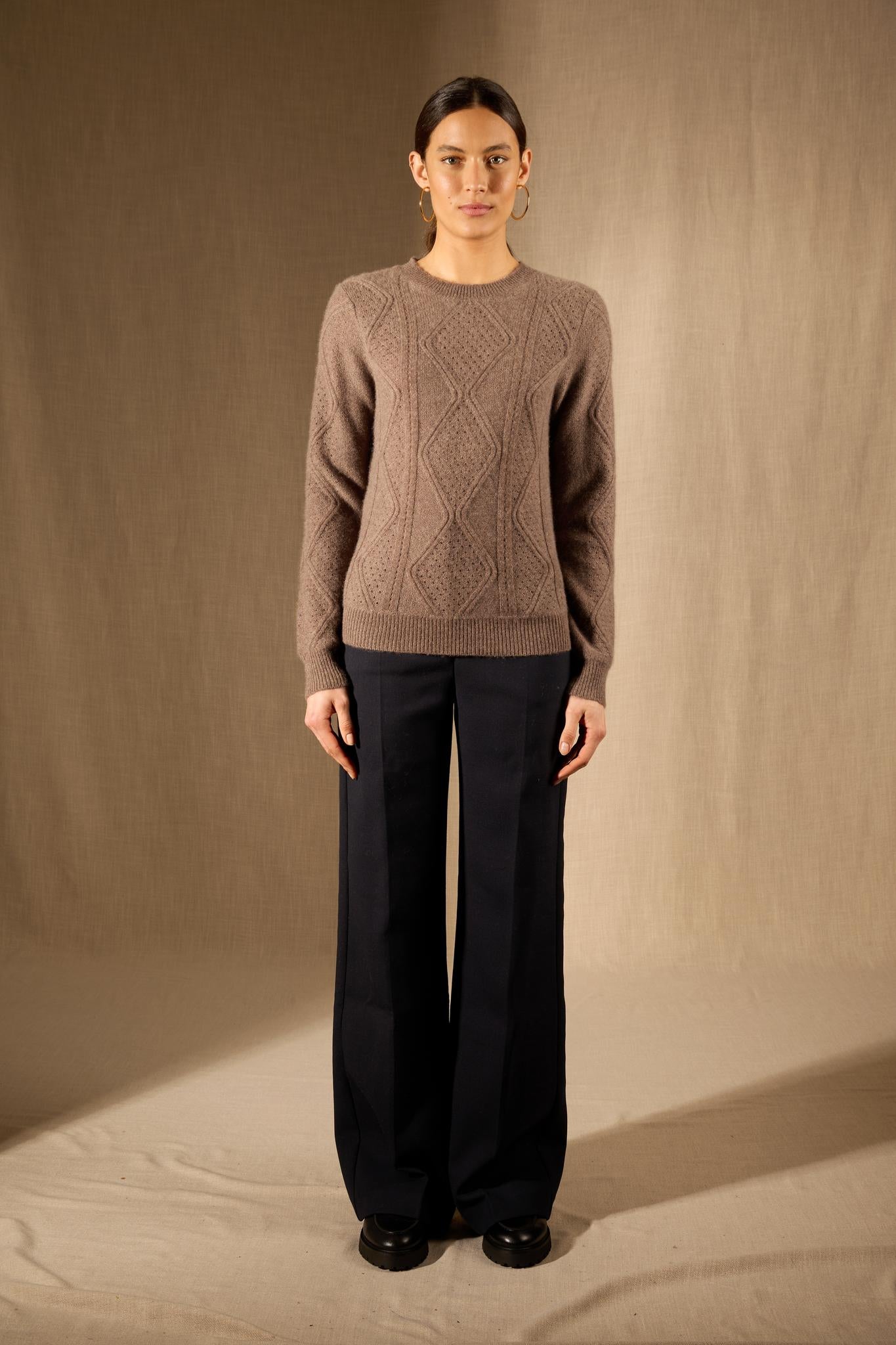 PENDEN pull col rond 4 fils taupe chiné 100% cachemire