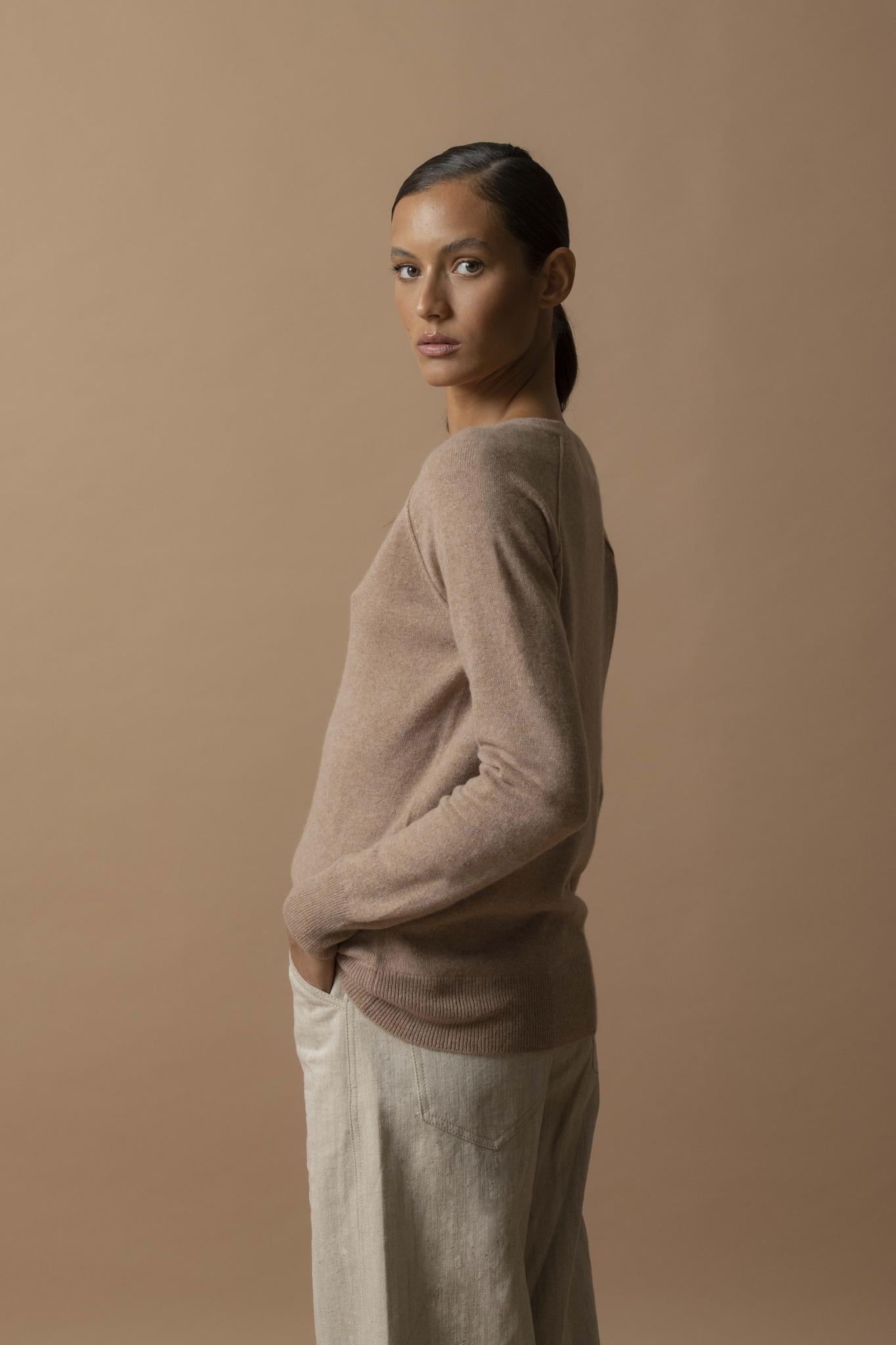 PENELOPE pull col v  camel chiné 100% cachemire