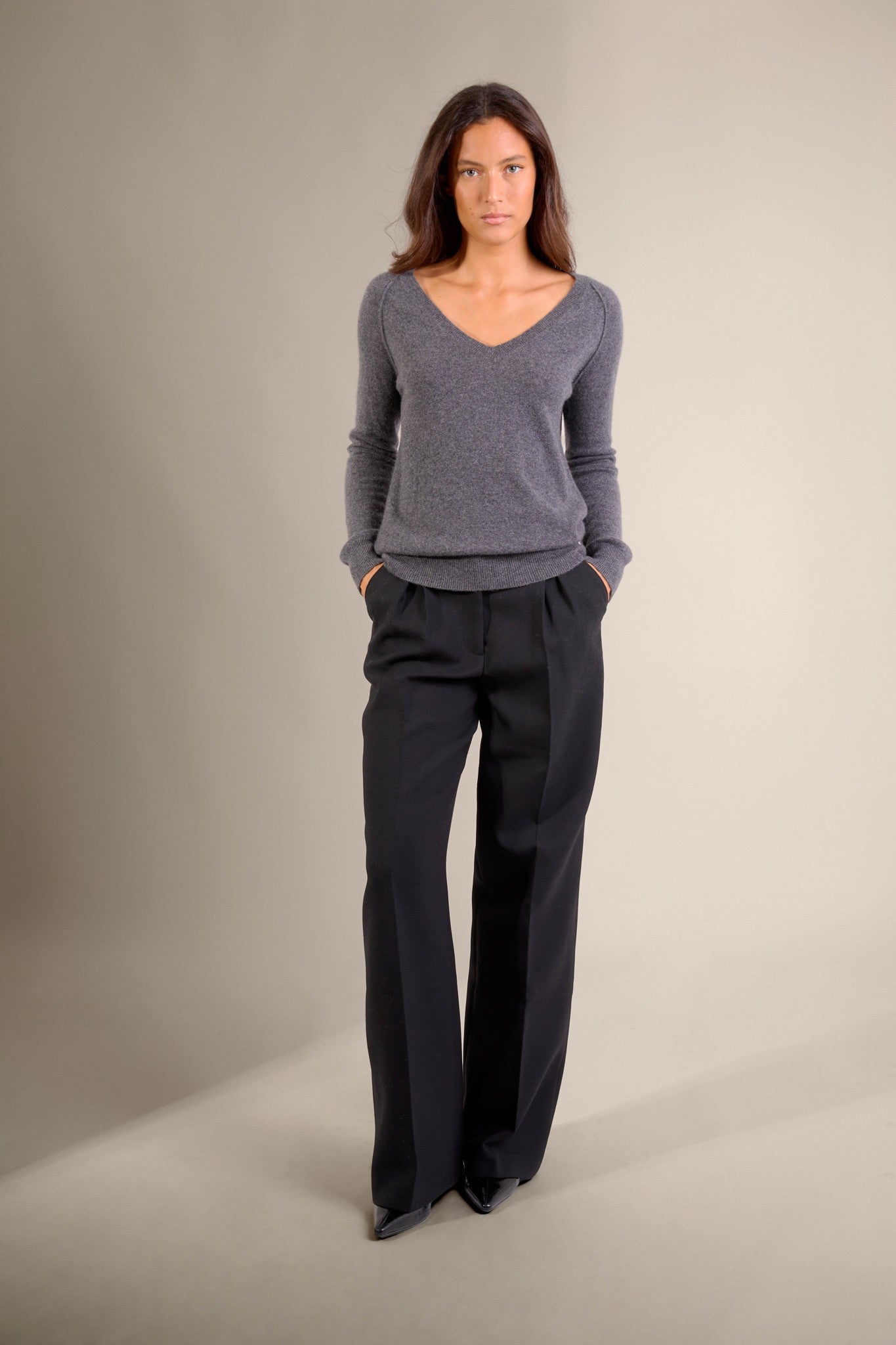 penelope pull col v anthracite chiné 100% cachemire