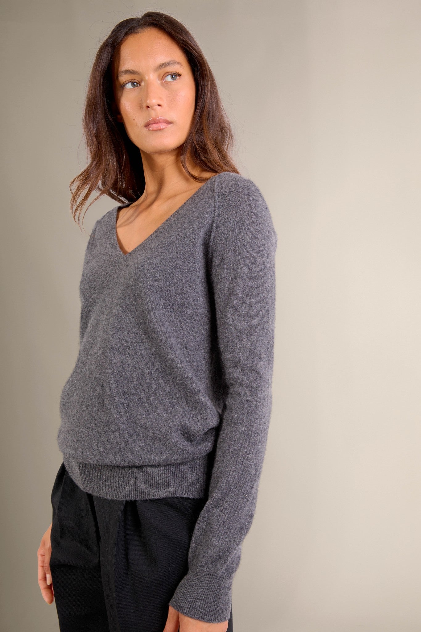 penelope pull col v anthracite chiné 100% cachemire