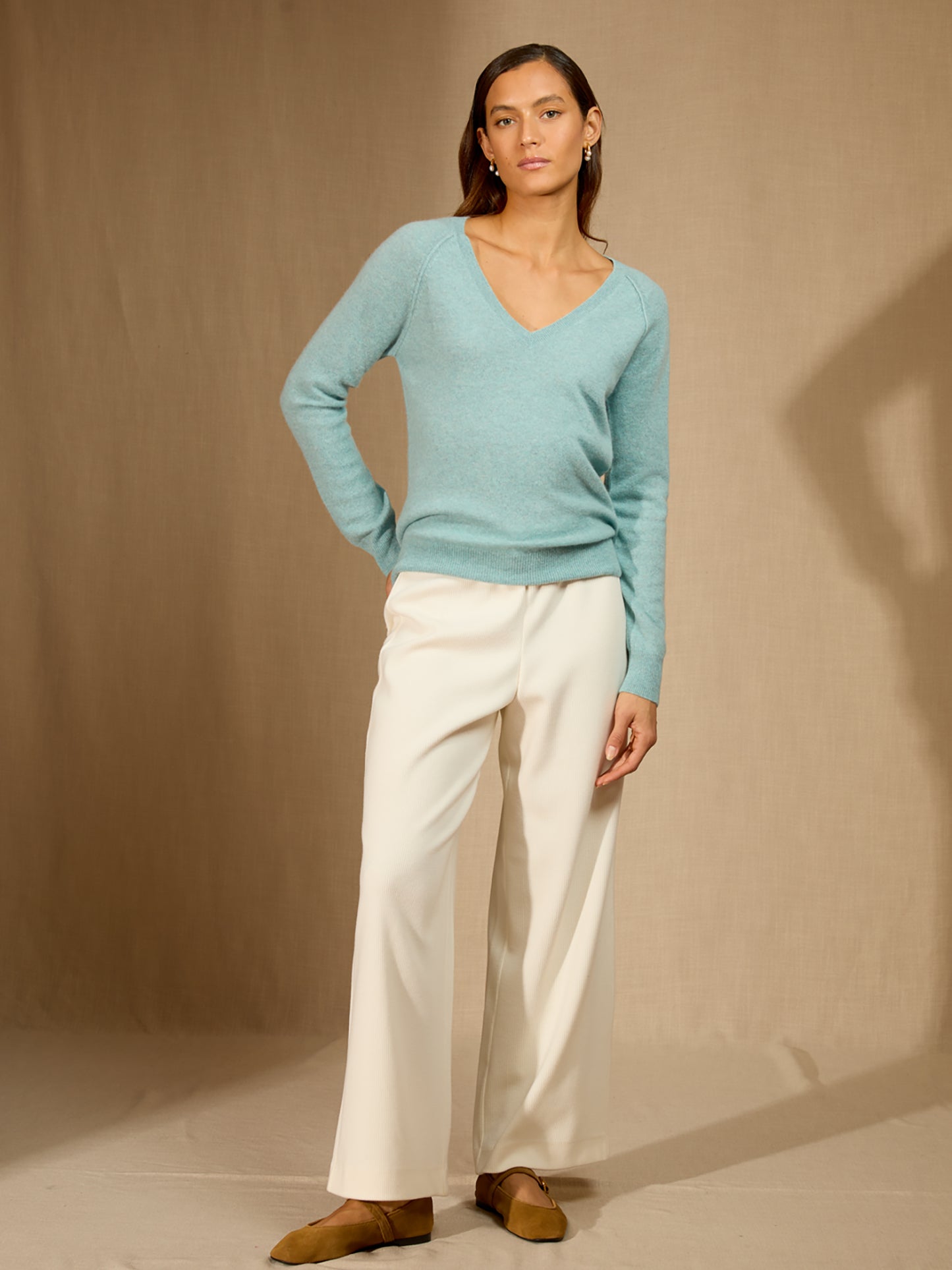 PENELOPE pull col v aqua chiné 100% cachemire