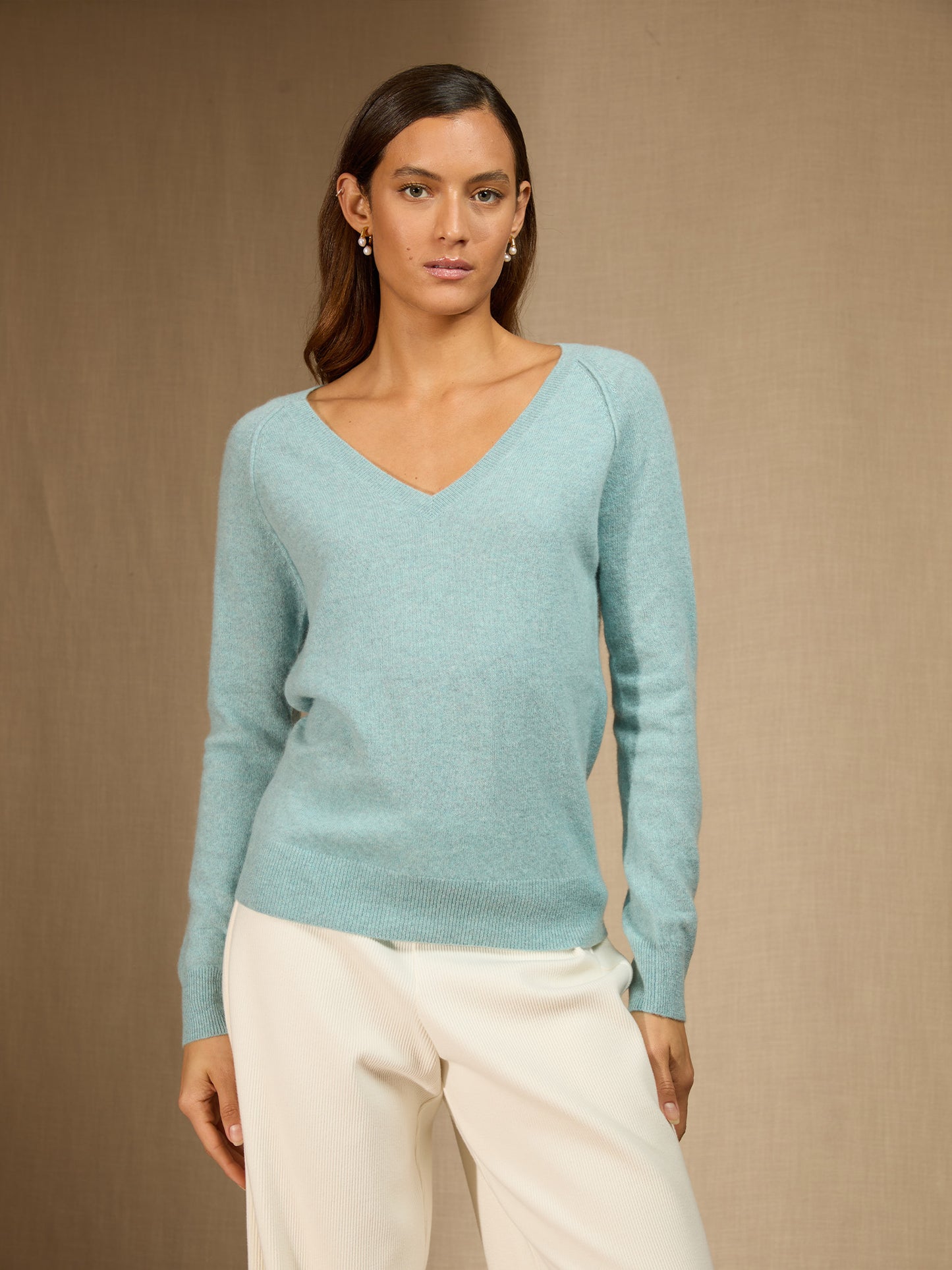 PENELOPE pull col v aqua chiné 100% cachemire