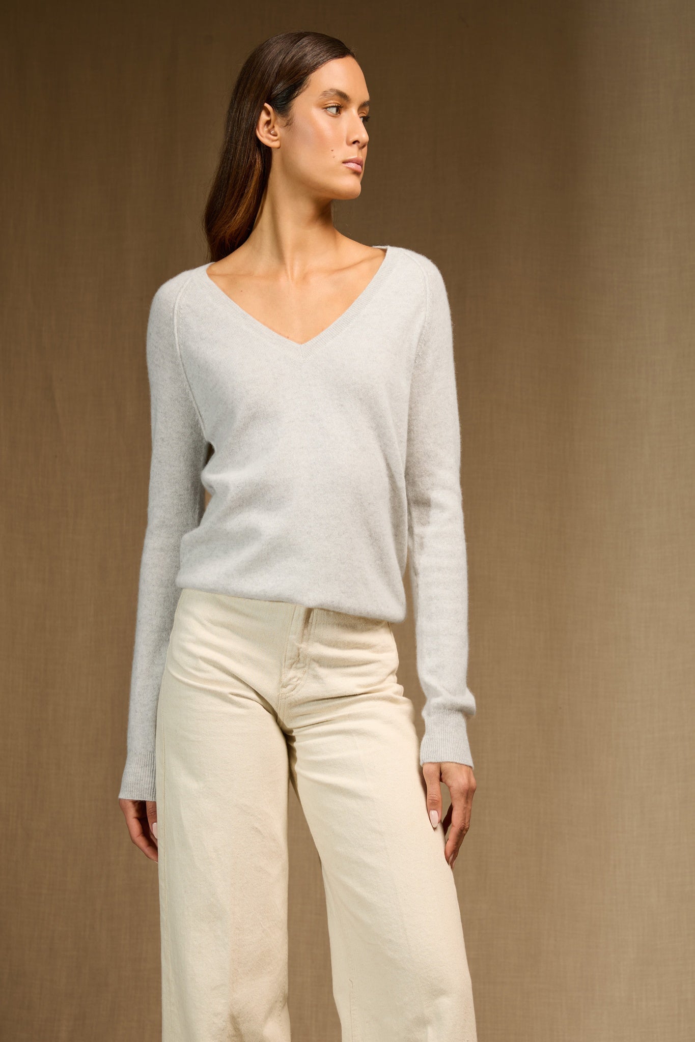 PENELOPE pull col v gris perle chiné 100% cachemire