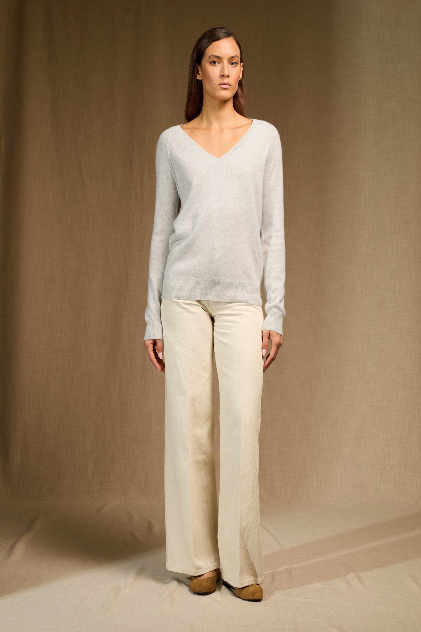PENELOPE pull col v gris perle chiné 100% cachemire
