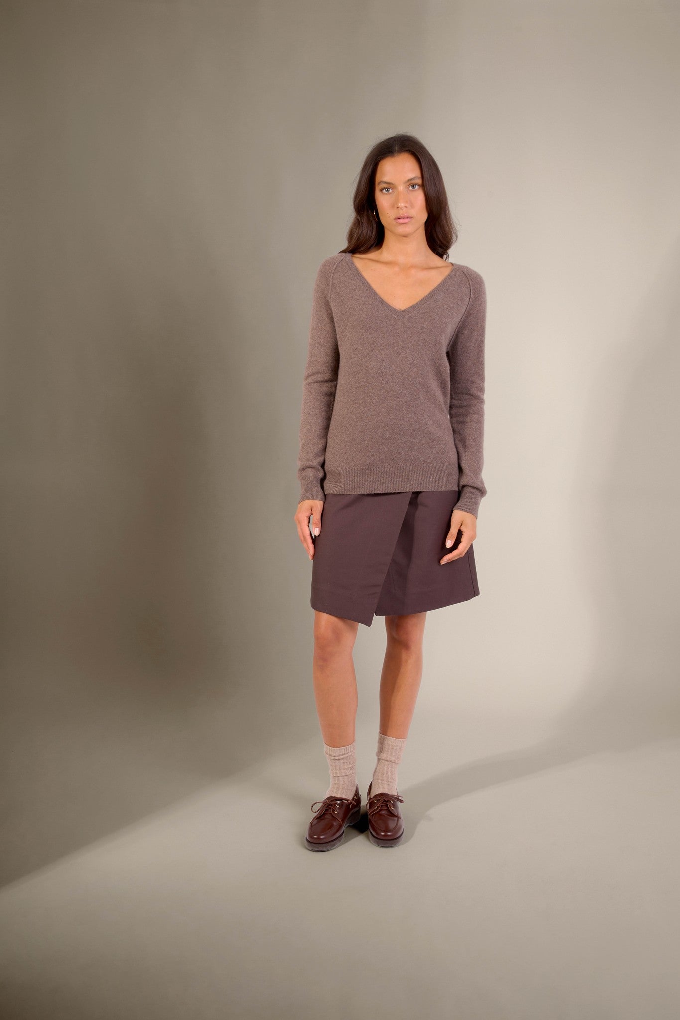 penelope pull col v taupe chiné 100% cachemire