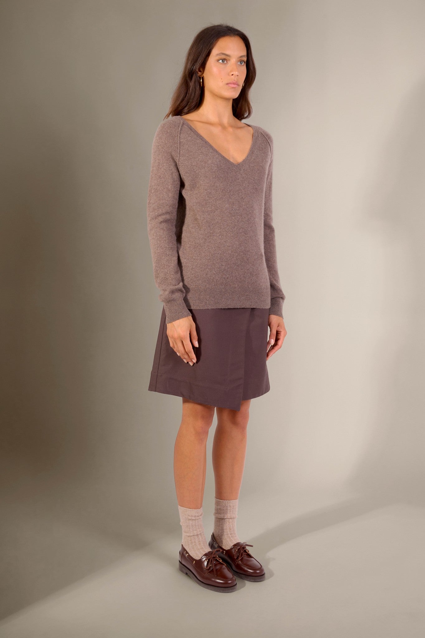 penelope pull col v taupe chiné 100% cachemire