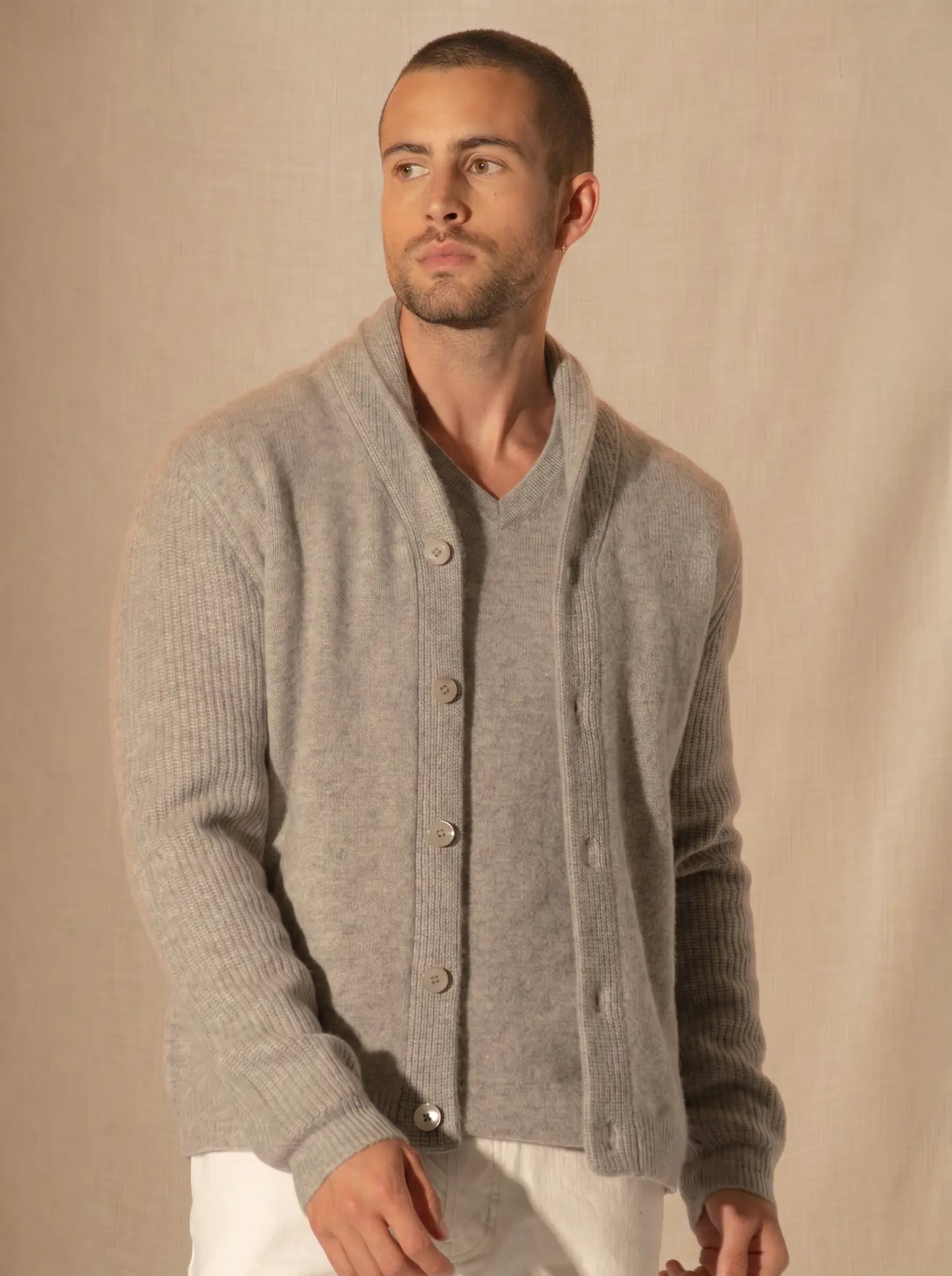 GILMOUR jacket buttoned shawl collar 4 ply heather cloud