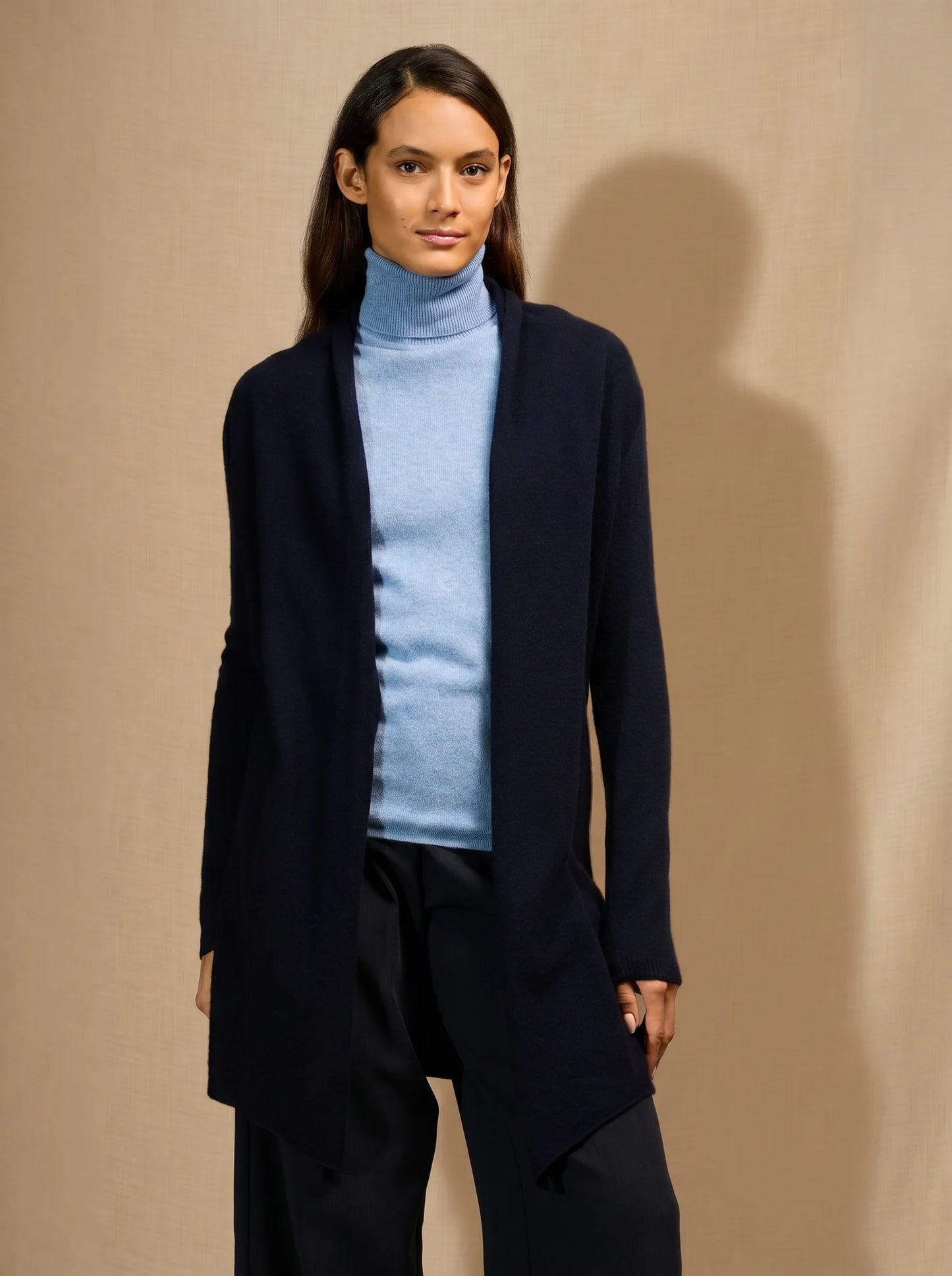 KARA jacket long open shawl collar navy