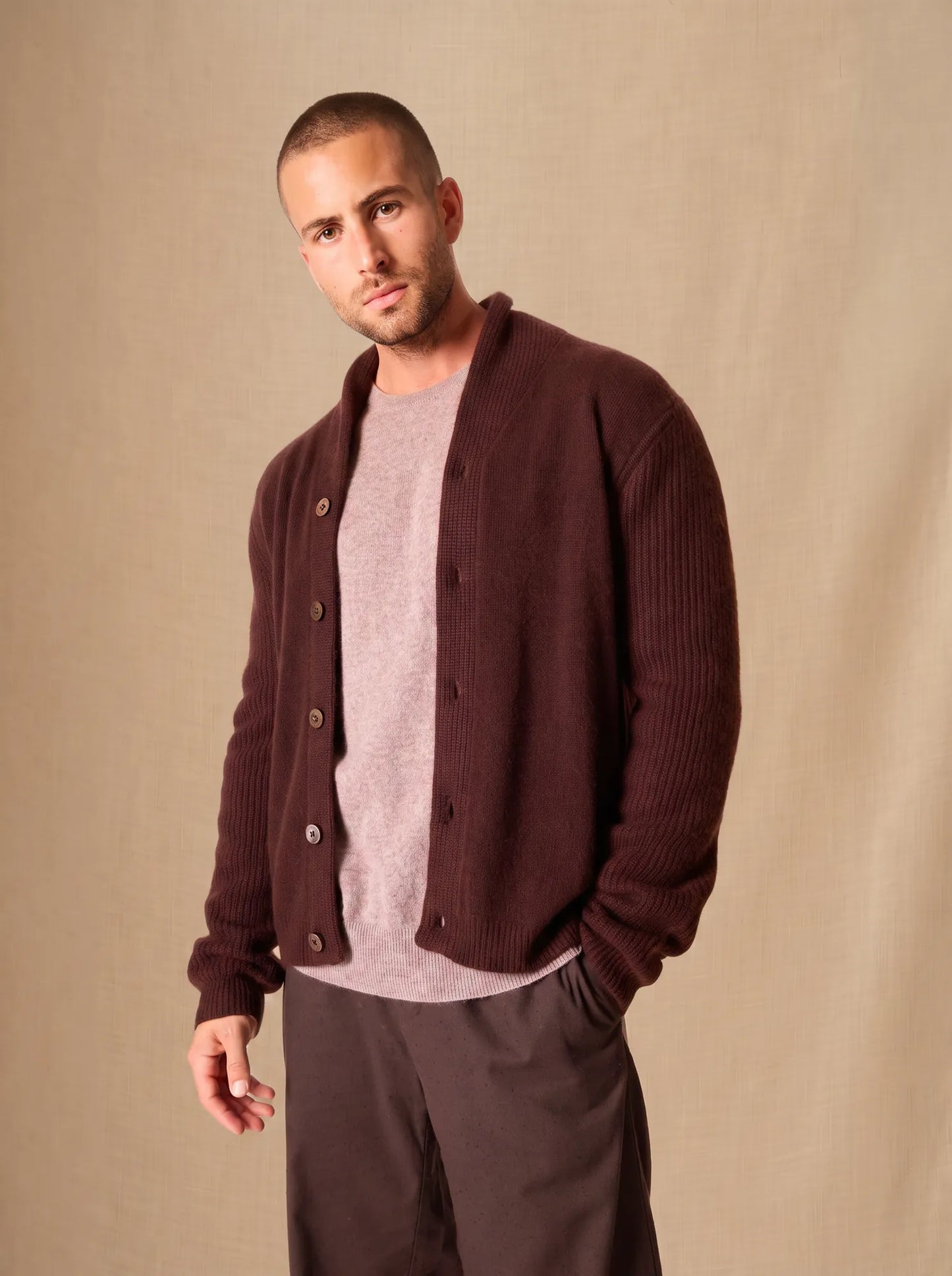 GILMOUR jacket buttoned shawl collar 4 ply chocolate