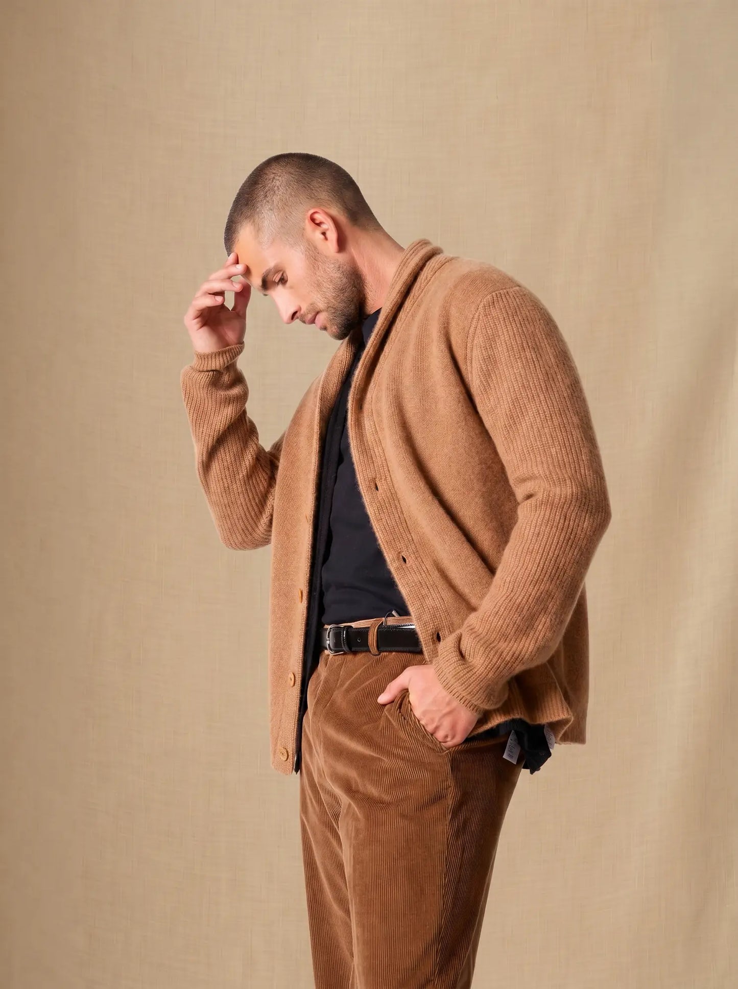 GILMOUR jacket buttoned shawl collar 4 ply hazelnut