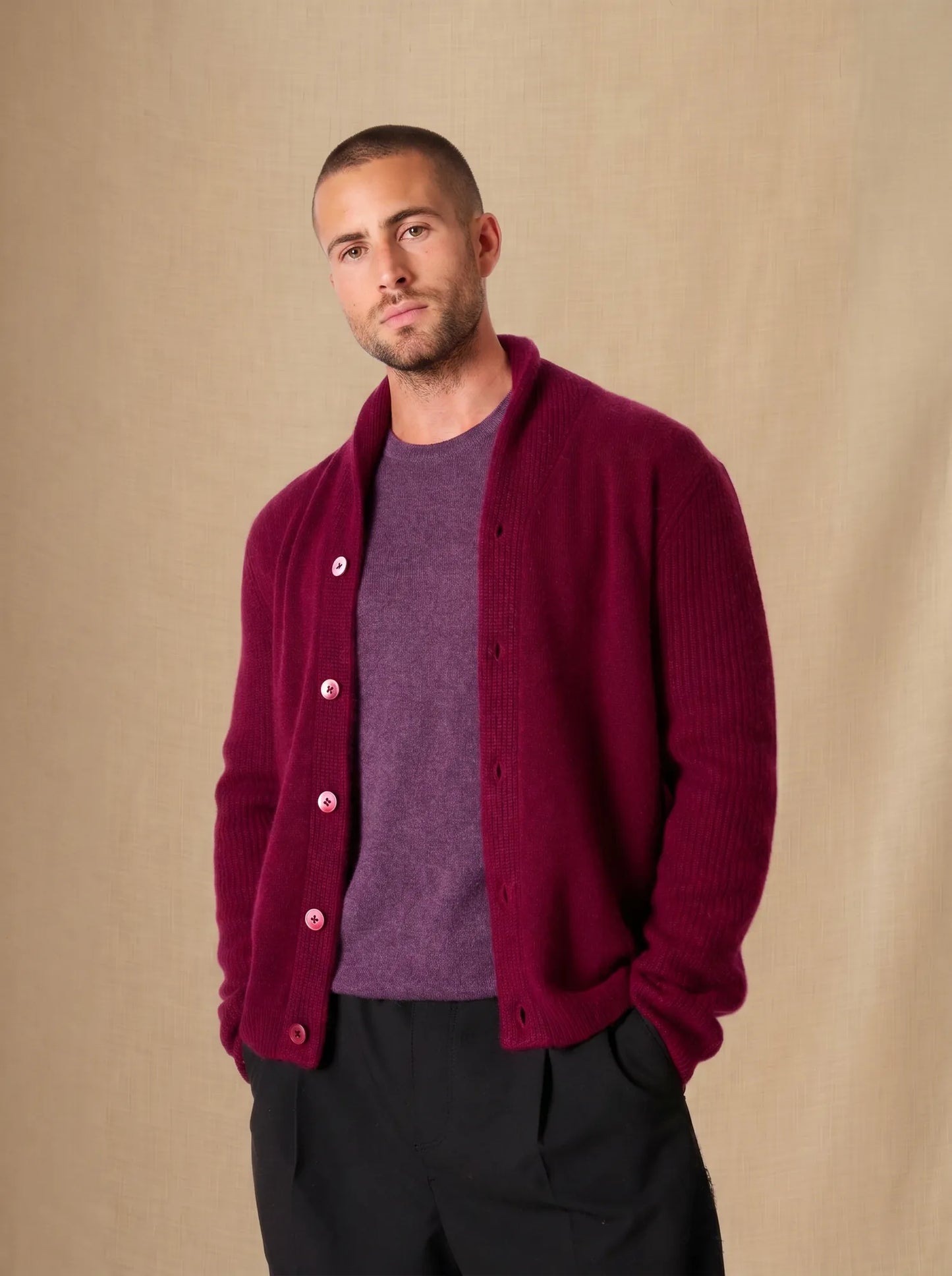GILMOUR jacket buttoned shawl collar 4 ply burgundy