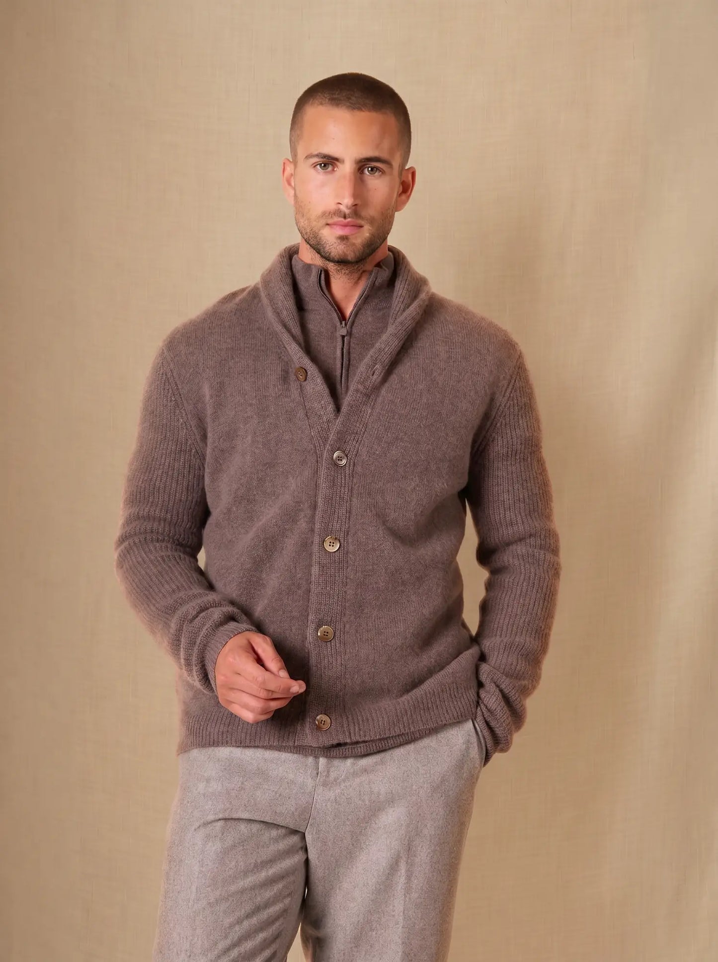 GILMOUR jacket buttoned shawl collar 4 ply heather taupe