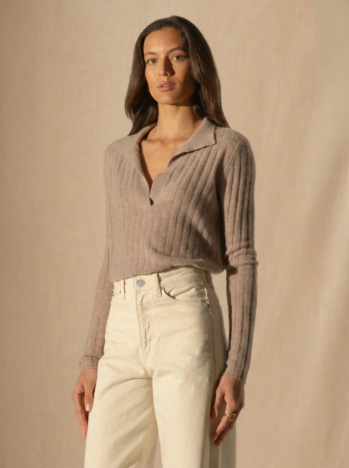 SKAMAR sweater polo collar open light heather taupe