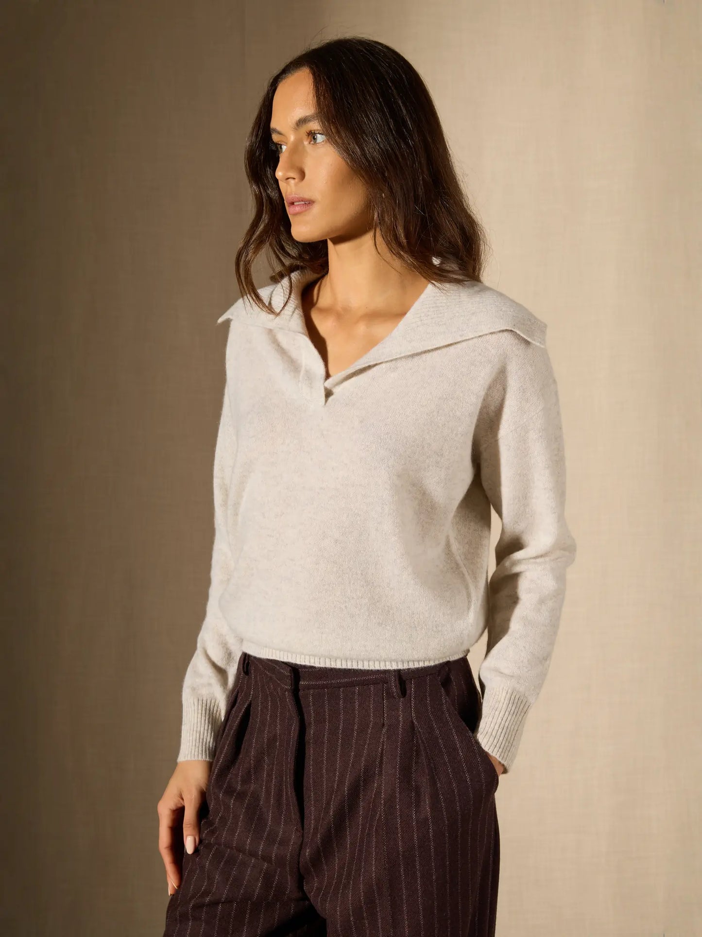 CRIMSON sweater shawl collar croisé heather pearl grey