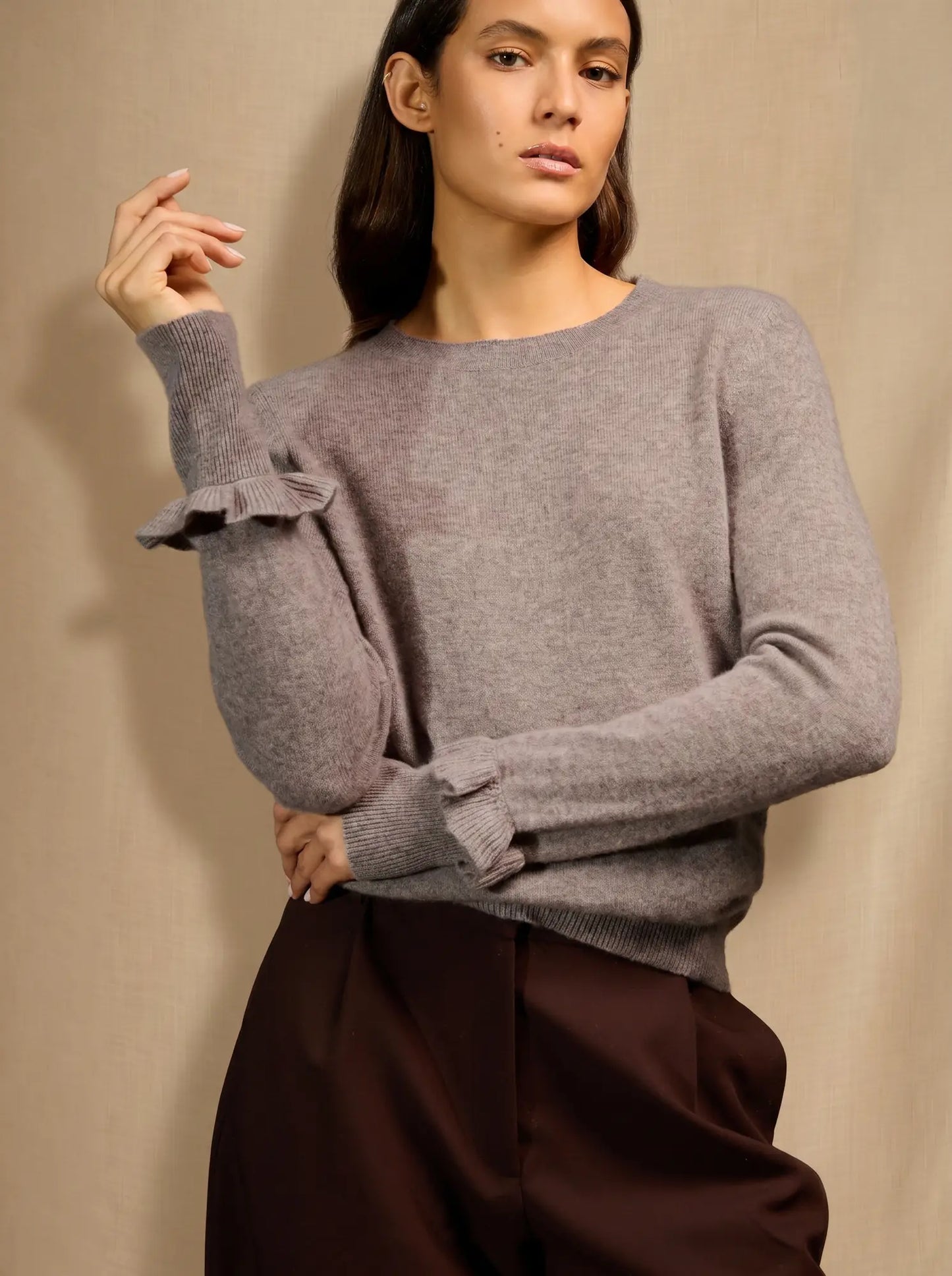 LUING sweater crew neck volants poignets heather caribou
