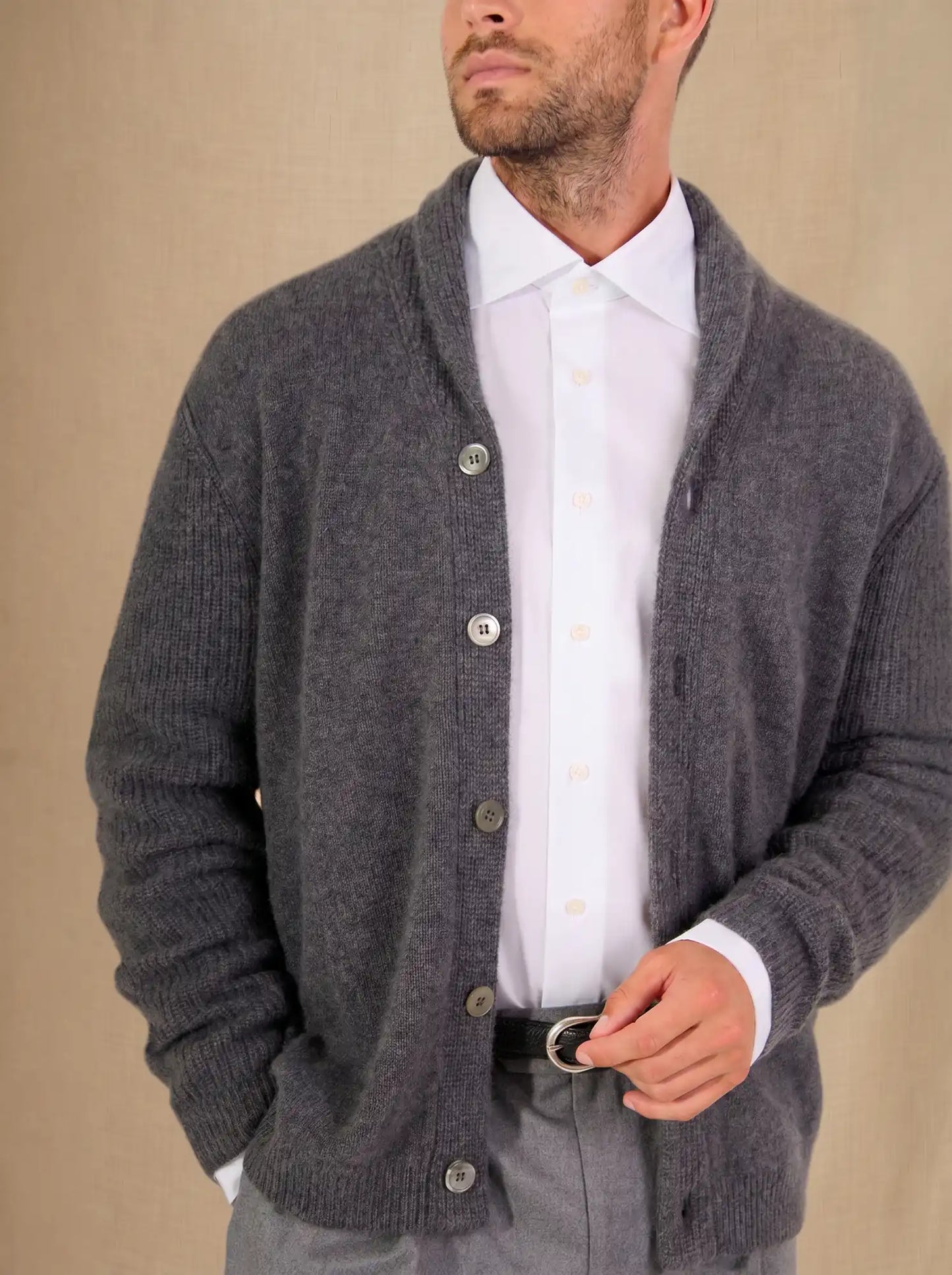 GILMOUR jacket buttoned shawl collar 4 ply heather charcoal