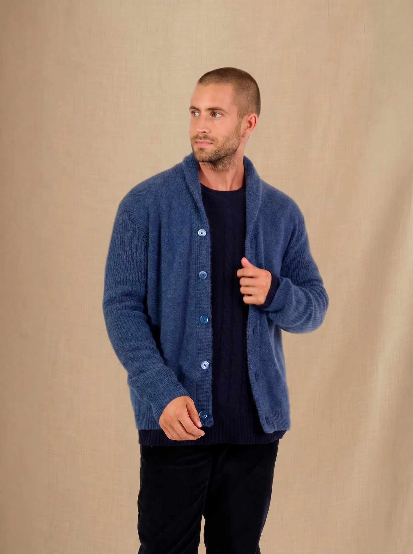 GILMOUR jacket buttoned shawl collar 4 ply heather ocean