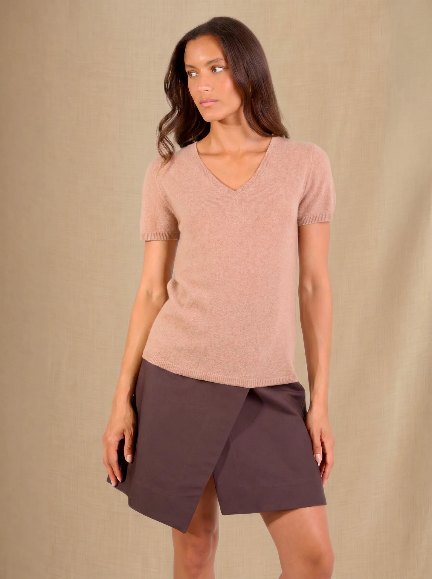 EFIMIA t-shirt v-neck heather camel