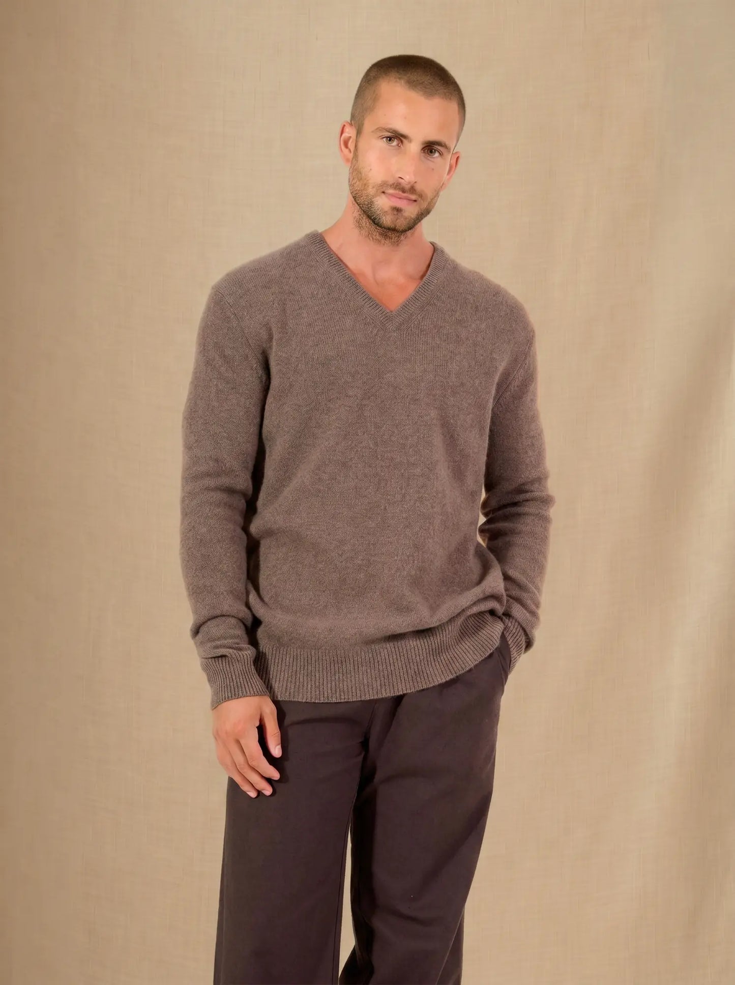 ENZO sweater v-neck 4 ply heather taupe