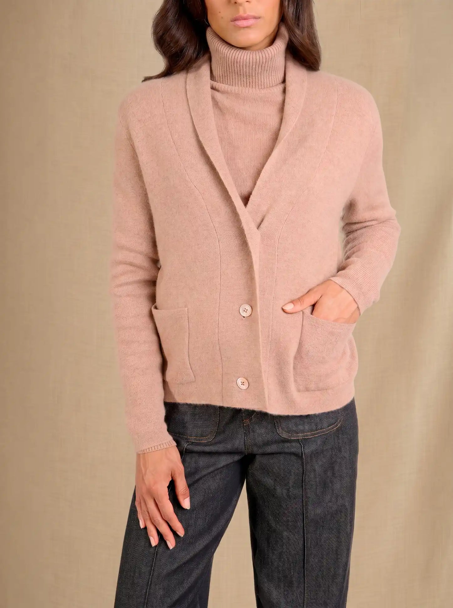 LUMIVIEL jacket buttoned shawl collar heather camel