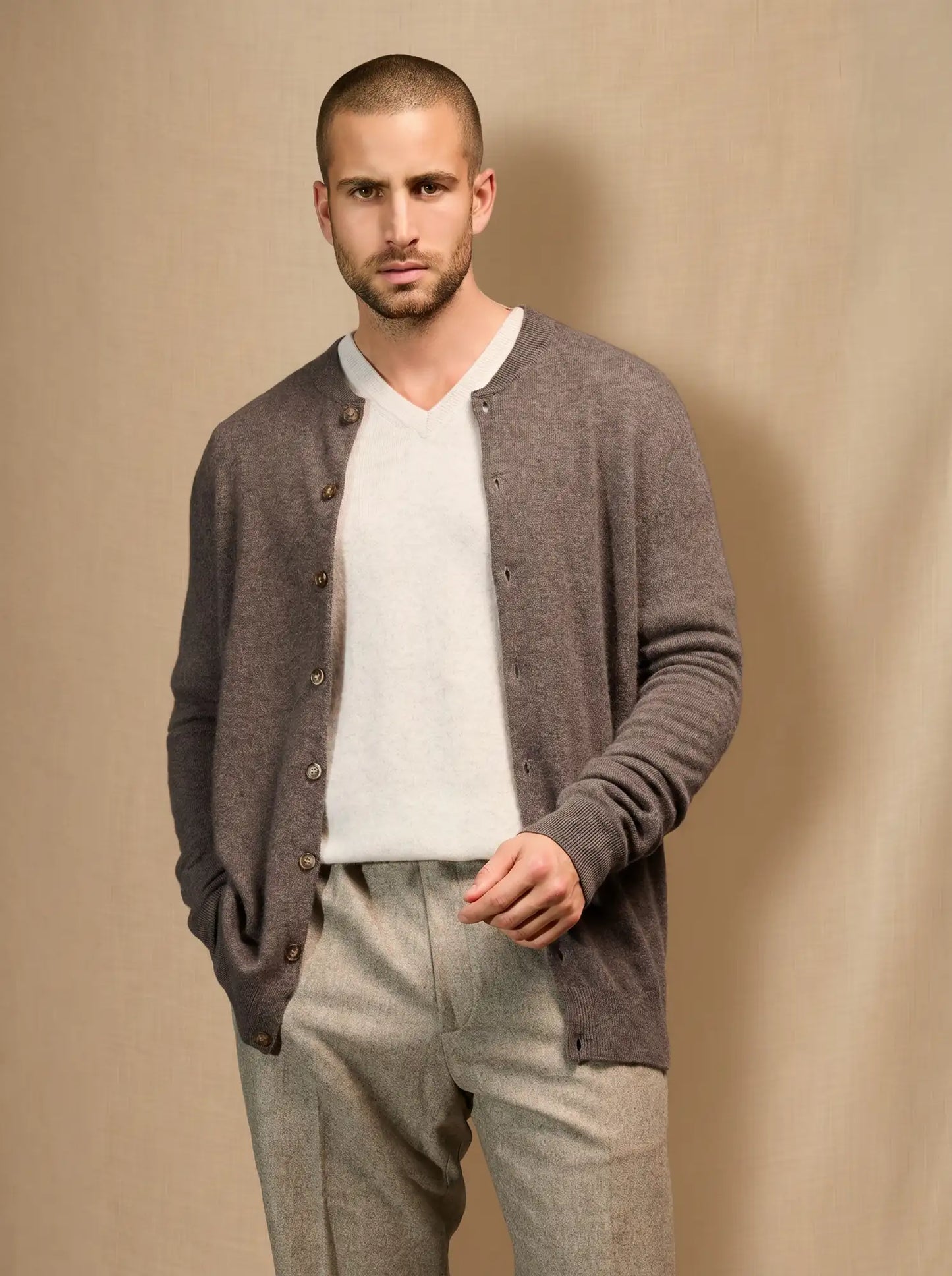 LOERIS strickjacke rundhalsausschnitt taupe meliert