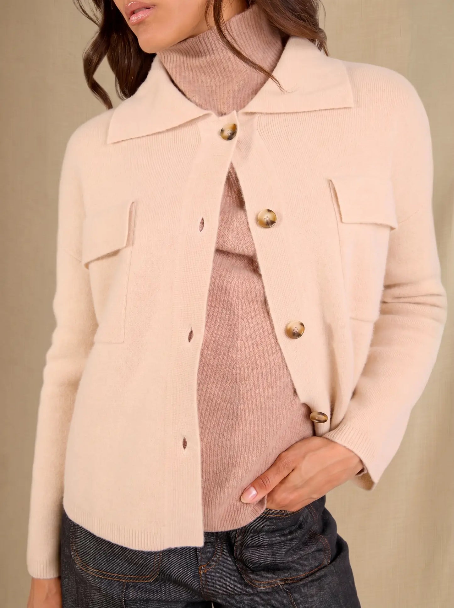 SOLIVRA jacket buttoned shirt collar sand