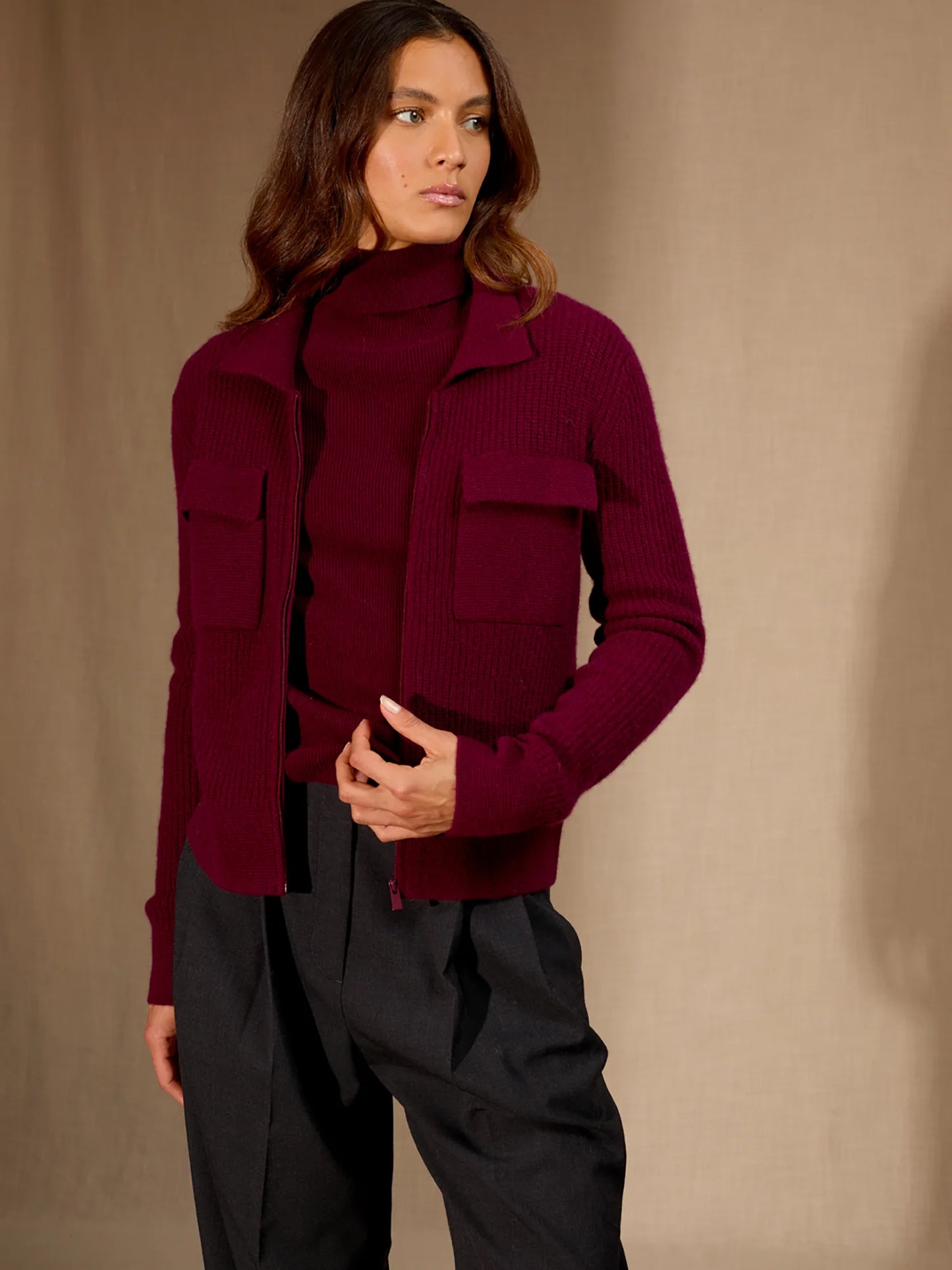 SARA jacket short zipped shirt collar 4 ply burgundy