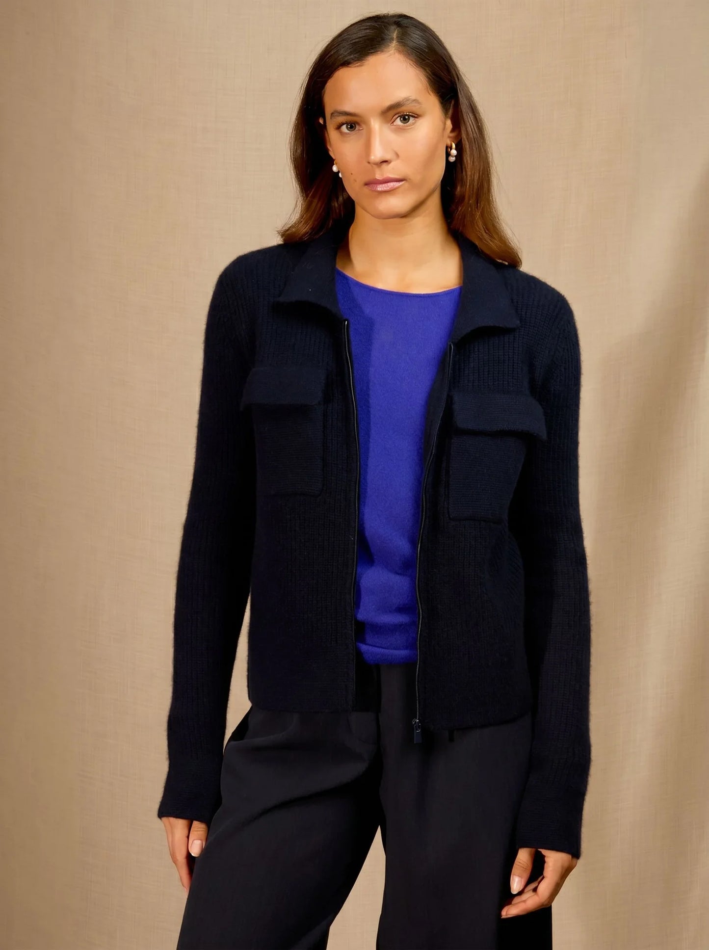 SARA jacket short zipped shirt collar 4 ply navy
