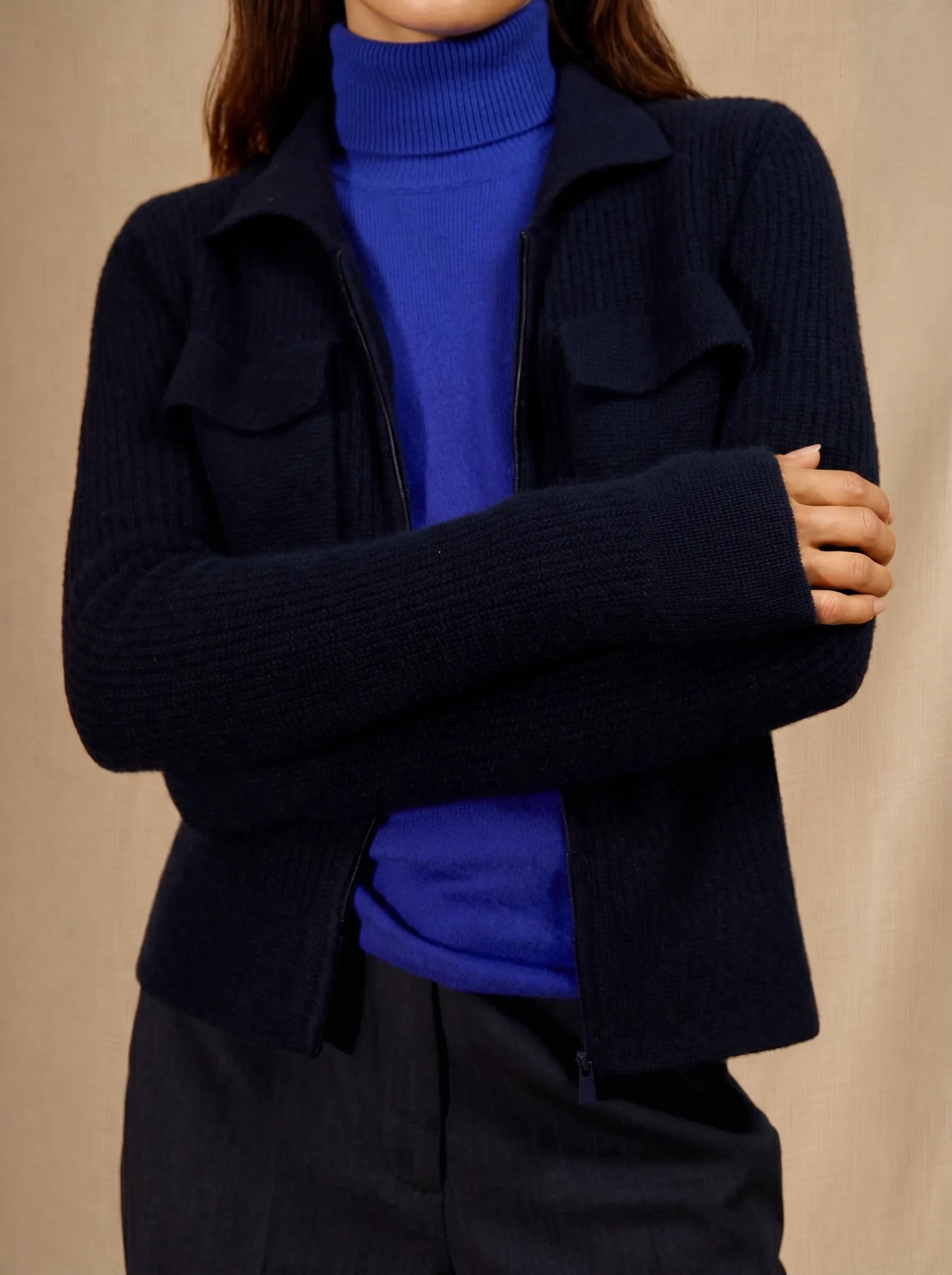 SARA jacket short zipped shirt collar 4 ply navy