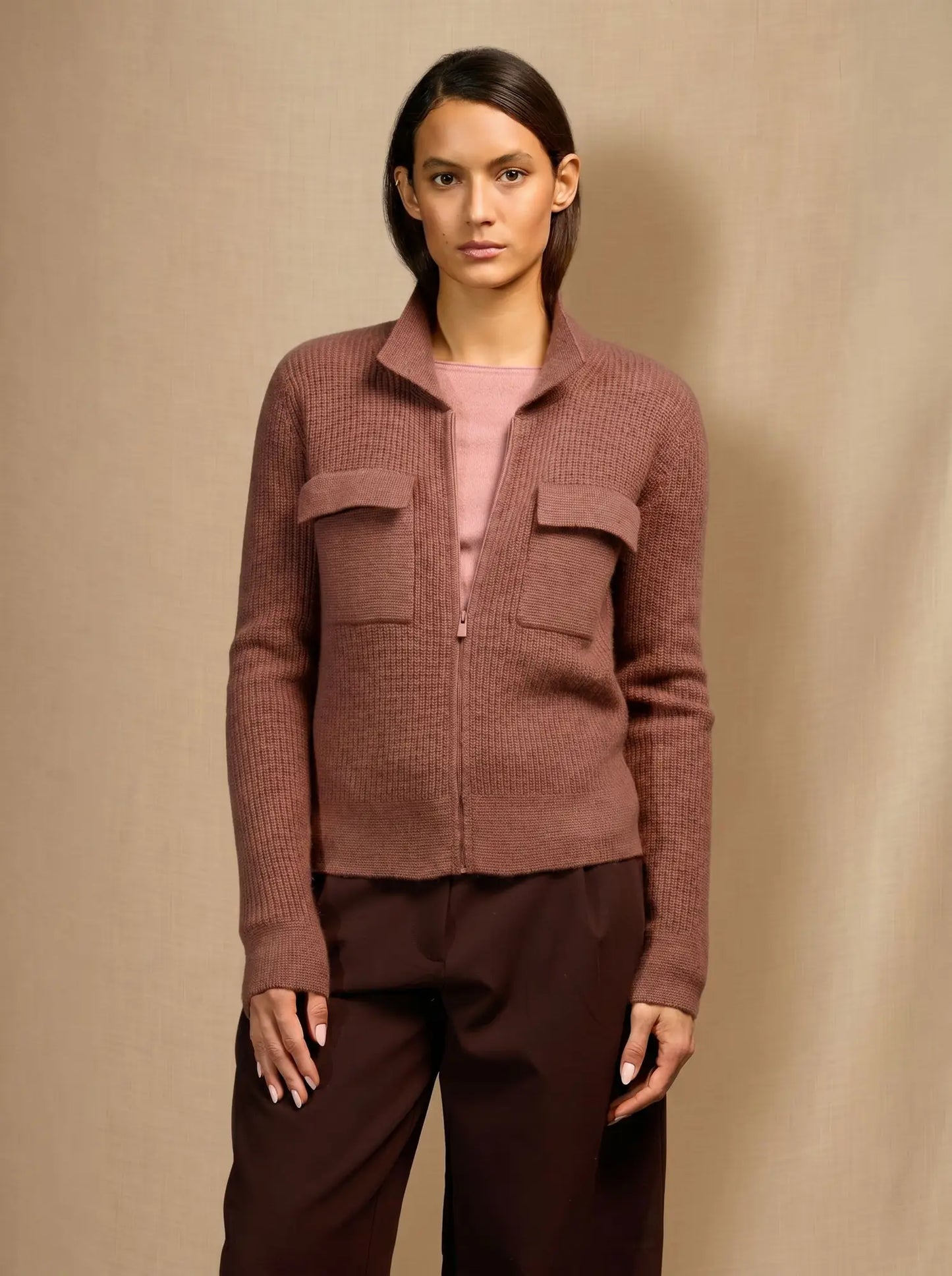 SARA jacke kurz mit reissverschluss hemdkragen 4-fädig terracotta