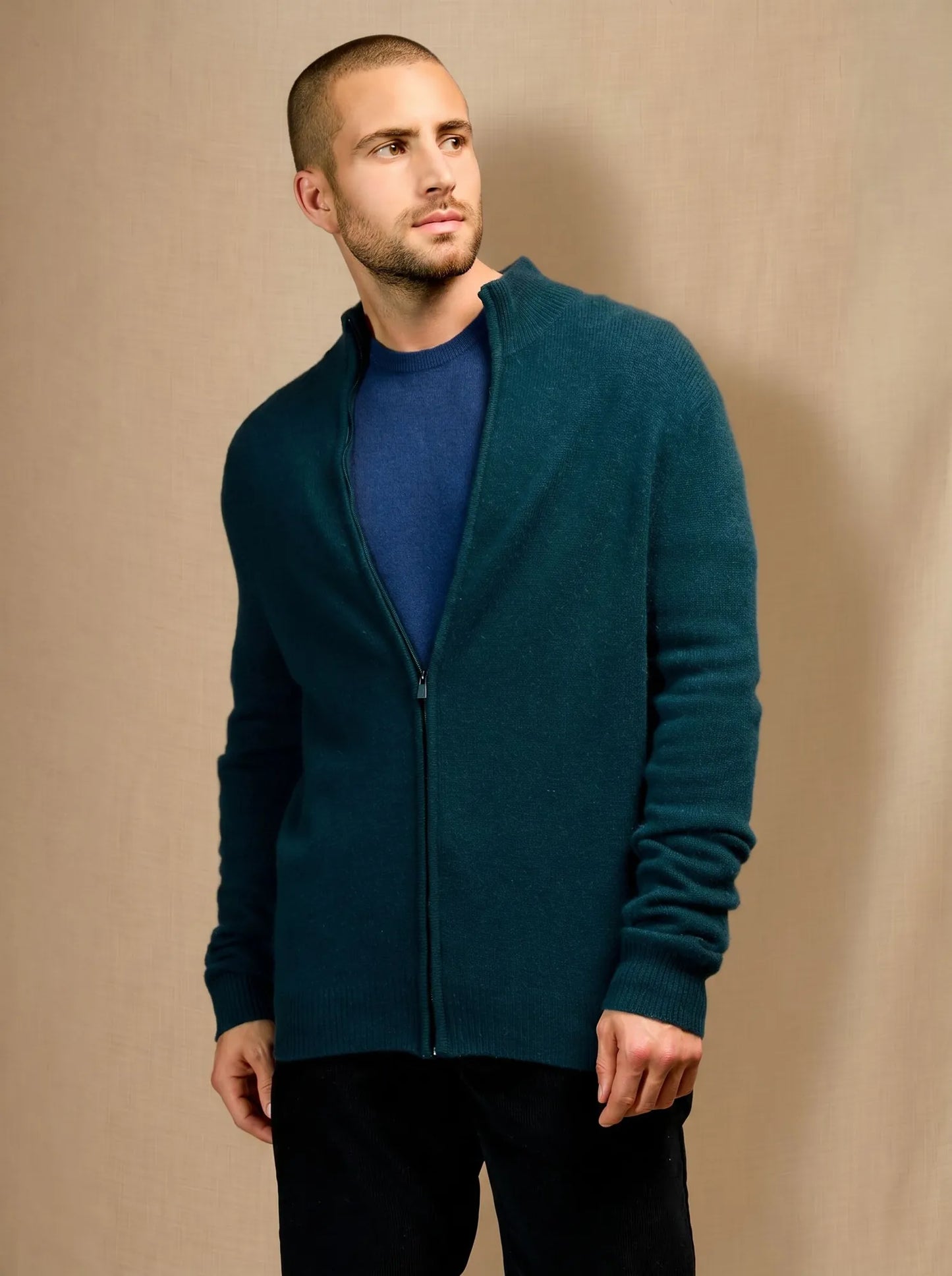 LEO vest zipped col cuffed beanie 4 ply teal green