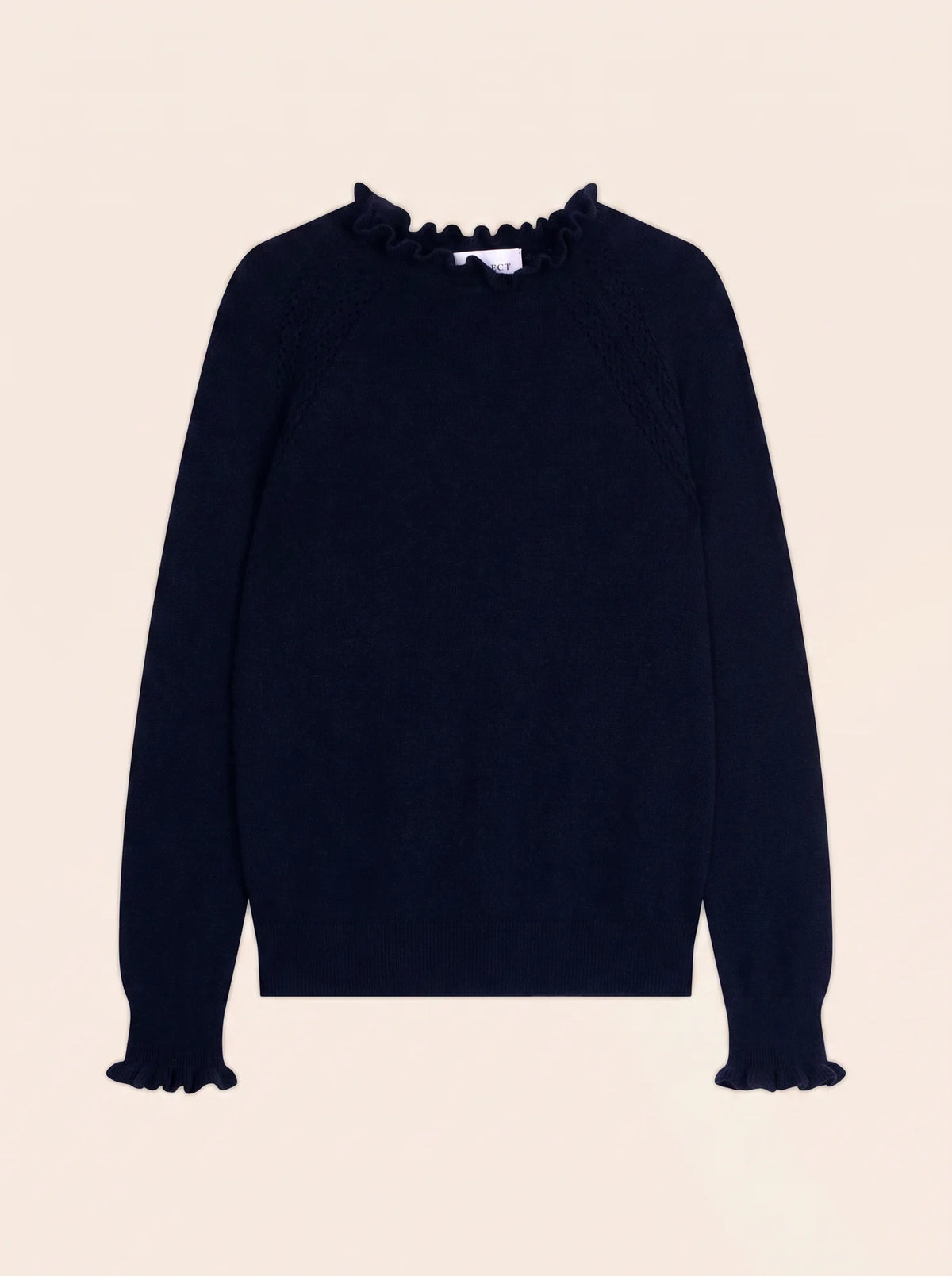 ARLENIA Pull Col Rond Volant Poignet et Col Bleu Marine