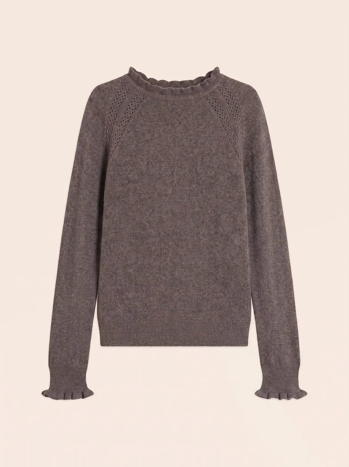 ARLENIA Pull Col Rond Volant Poignet et Col Taupe Chiné