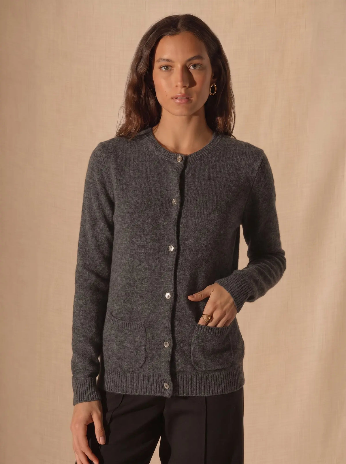 ALYA Cardigan Col Rond 4 Fils Anthracite Chiné