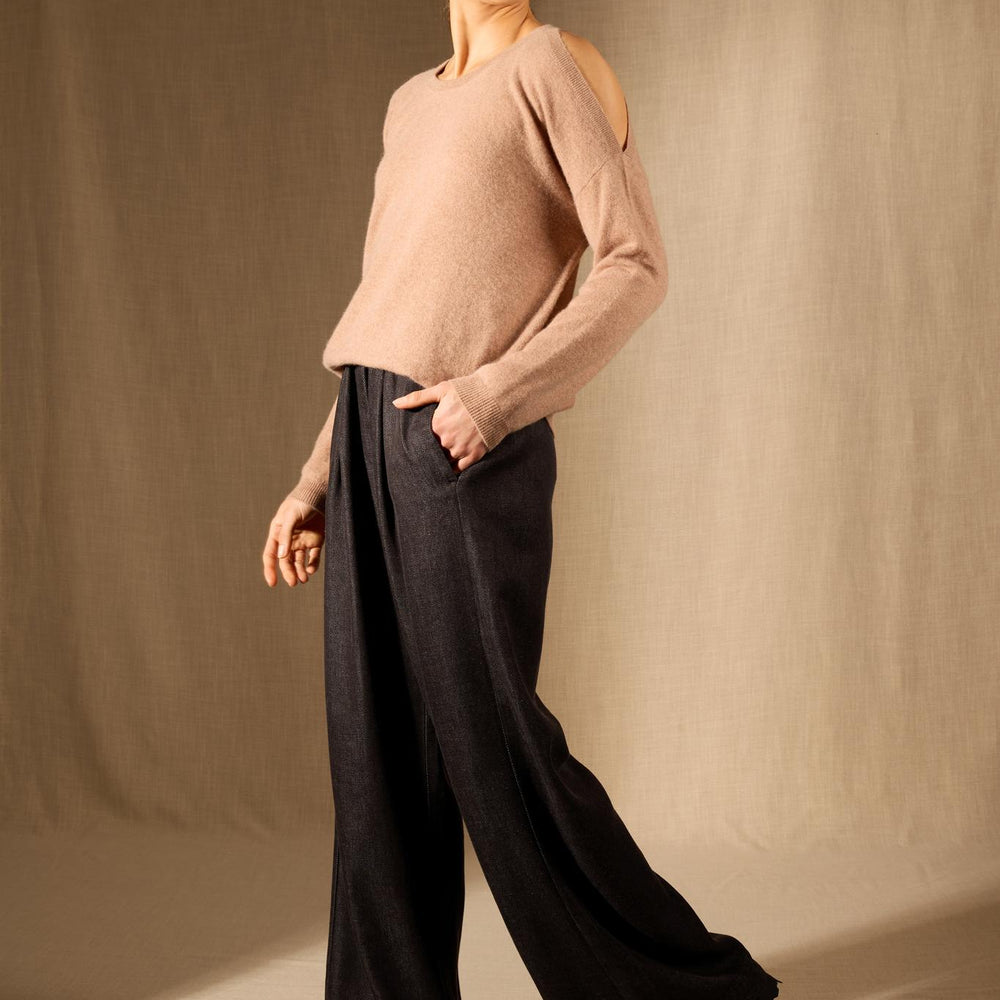 POKA pull col rond fentes épaules camel chiné 100% cachemire