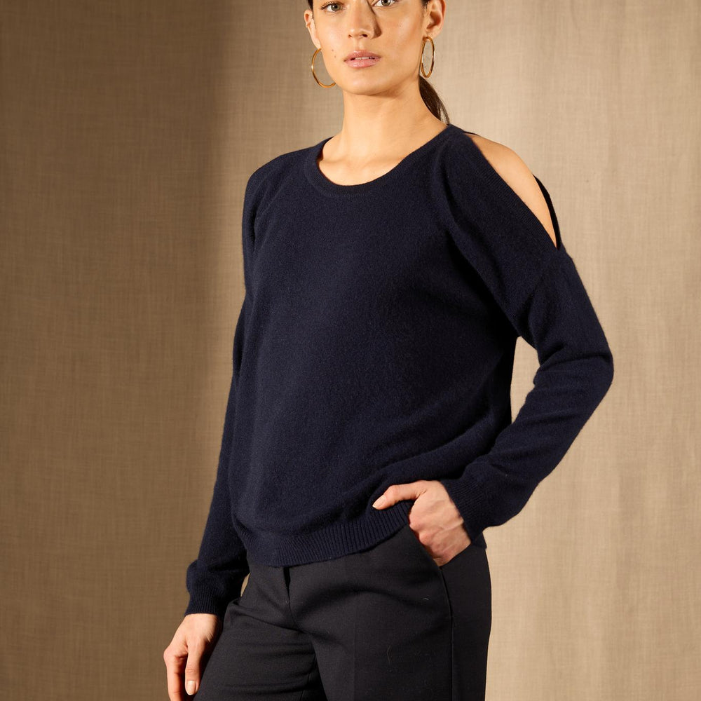 POKA pull col rond fentes épaules navy 100% cachemire