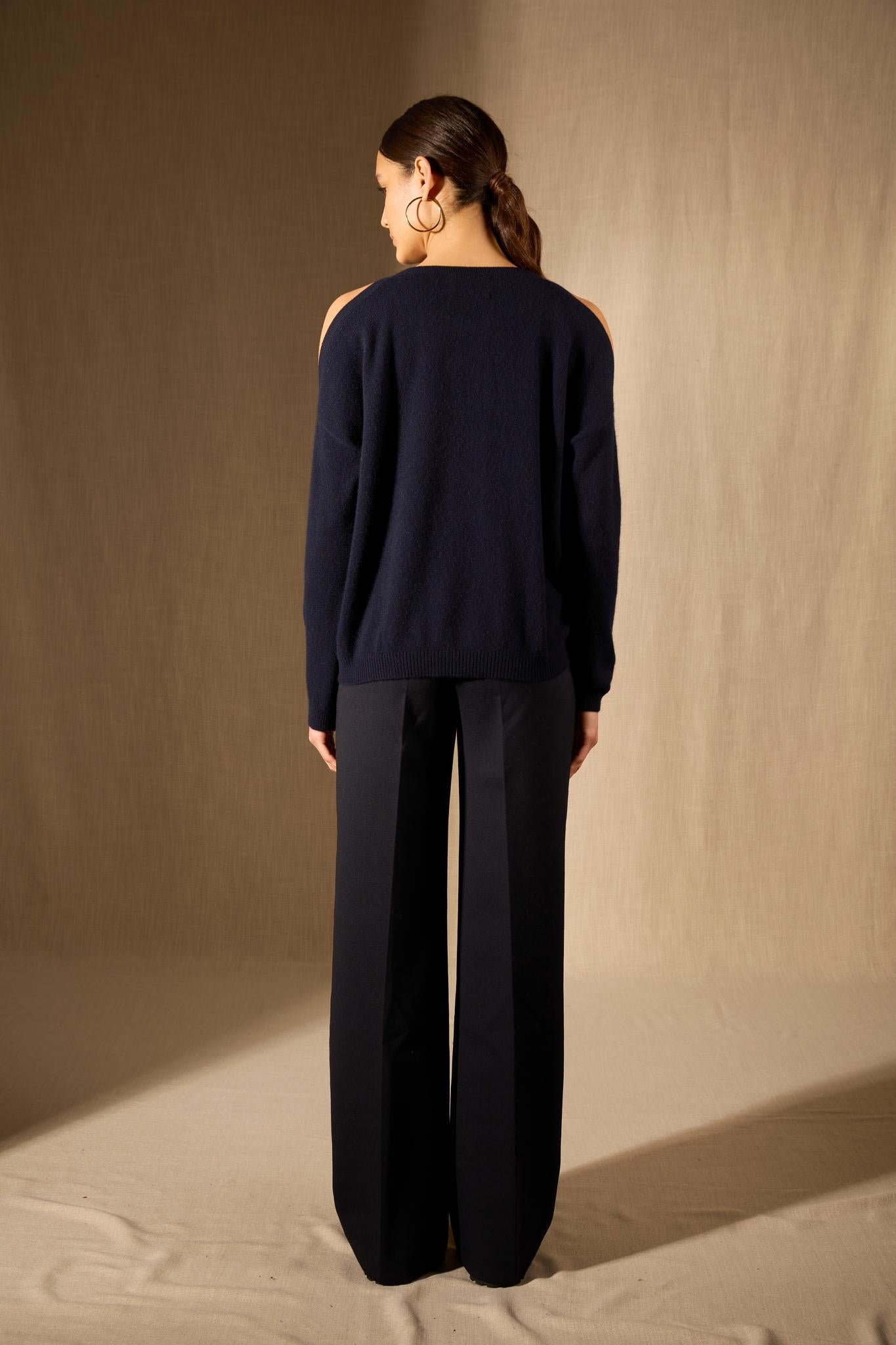 POKA pull col rond fentes épaules navy 100% cachemire