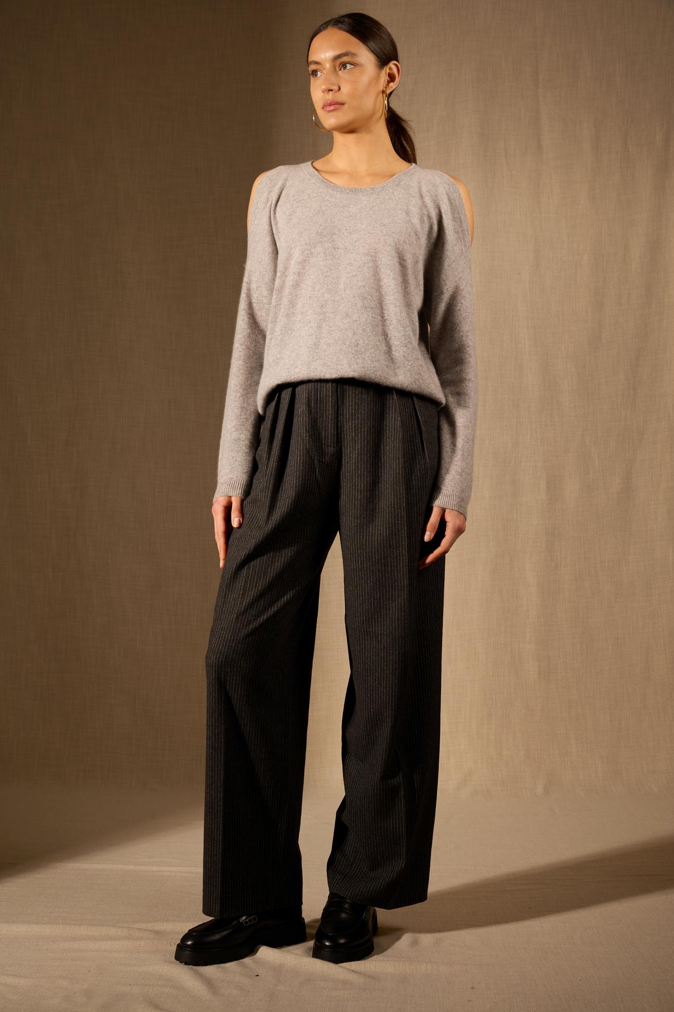 POKA pull col rond fentes épaules nuage chiné 100% cachemire