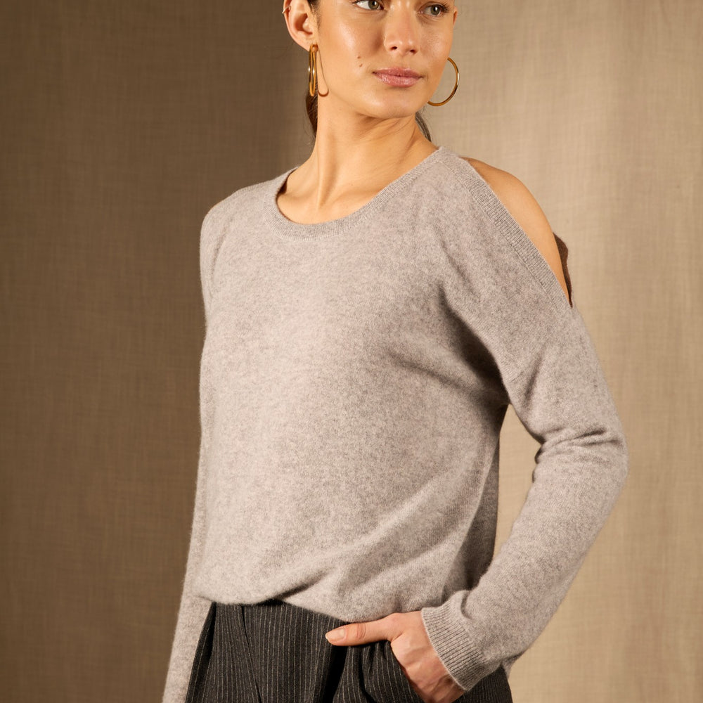 poka pull col rond fentes épaules nuage chiné 100% cachemire