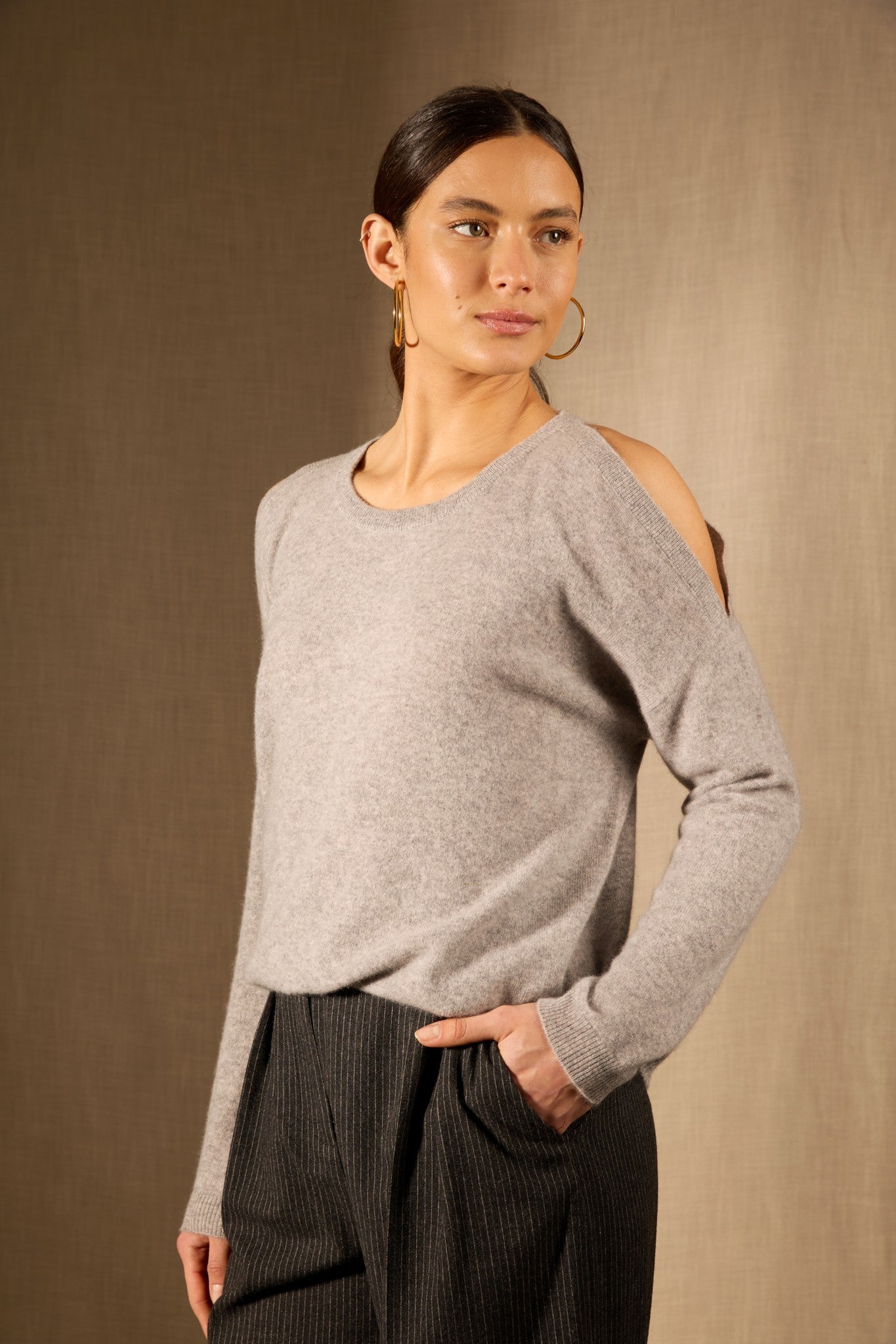 poka pull col rond fentes épaules nuage chiné 100% cachemire