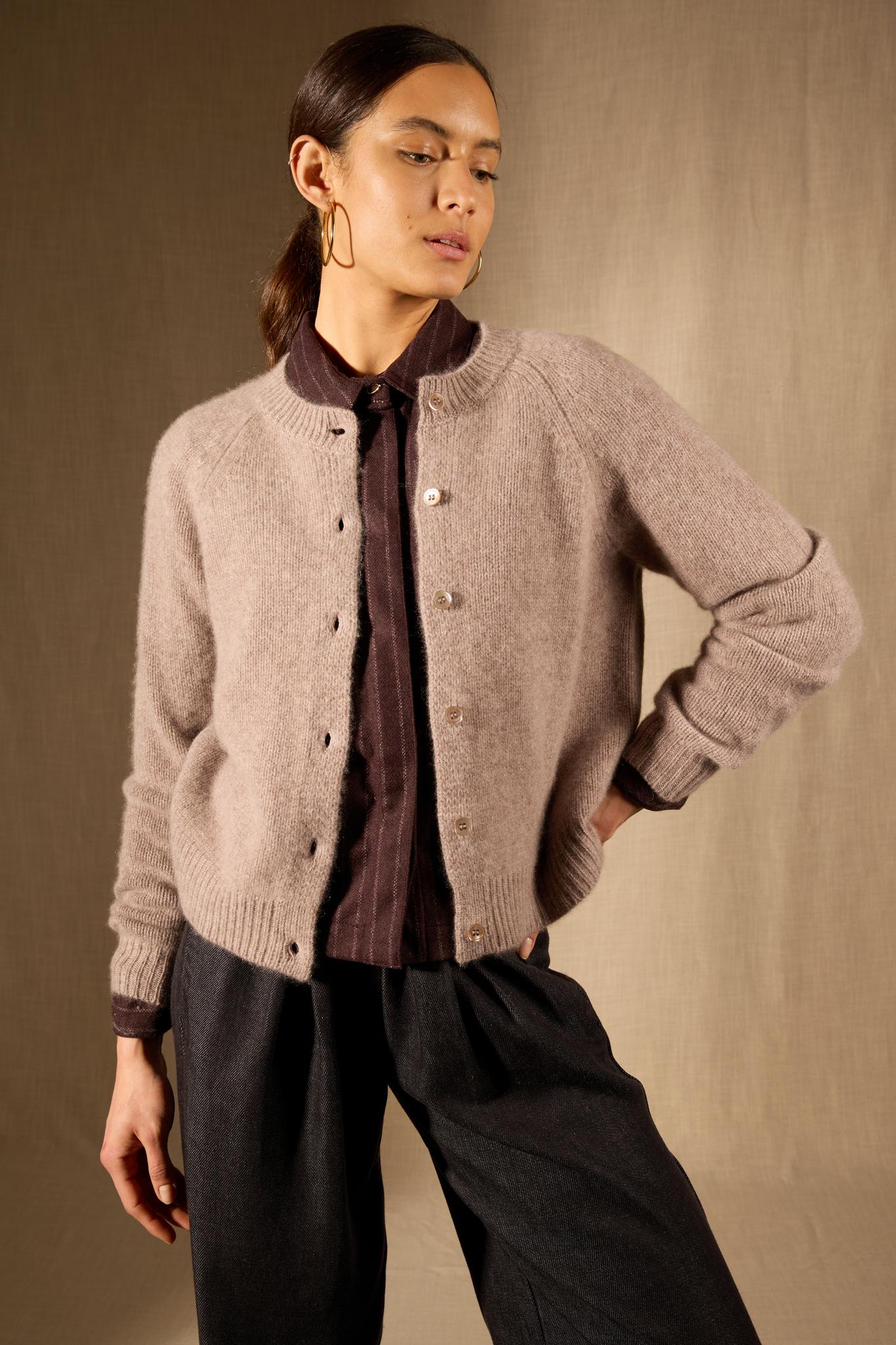 RABTEN cardigan col rond 8 fils caribou chiné 100% cachemire