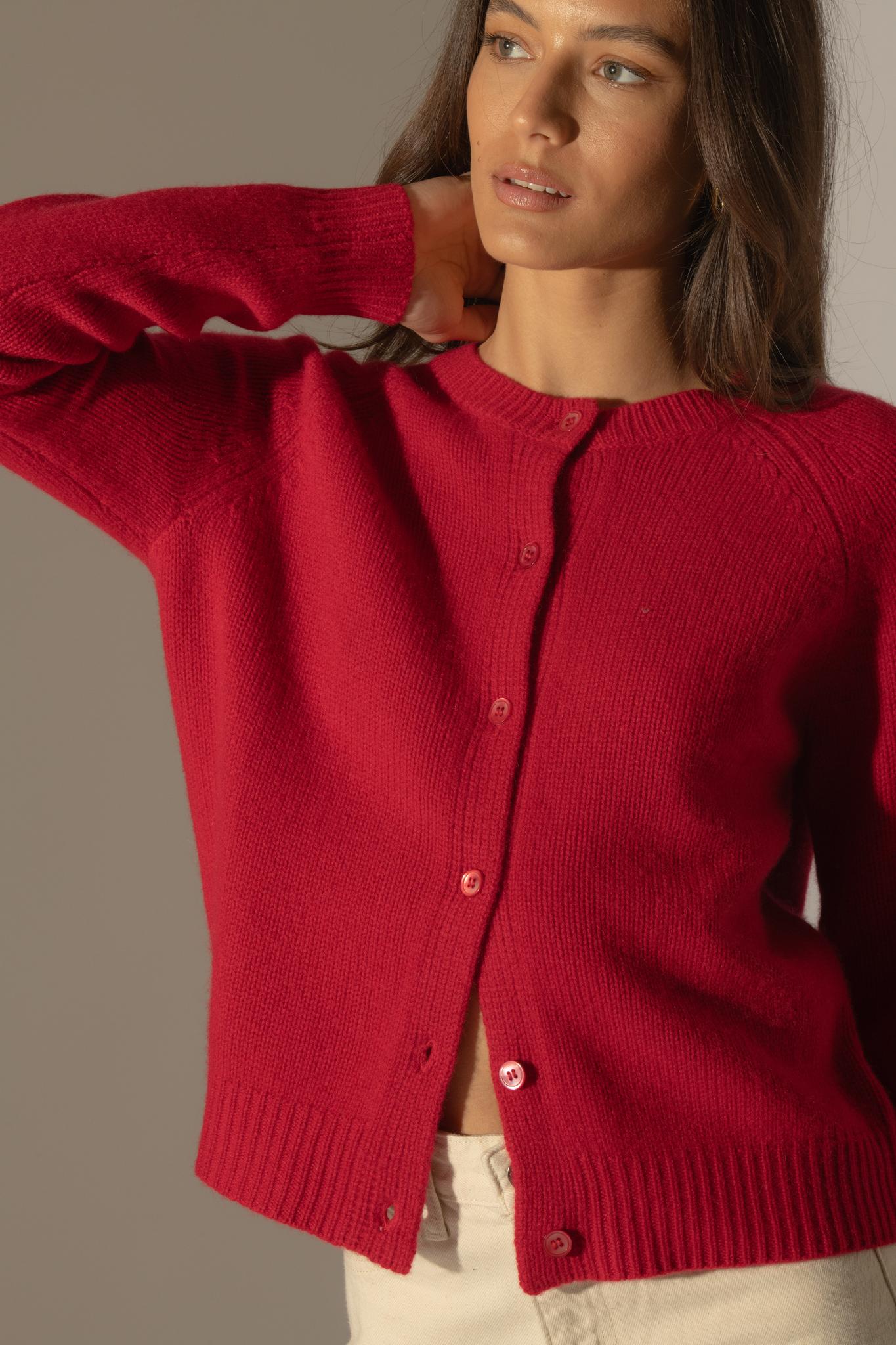 RABTEN cardigan col rond 8 fils framboise 100% cachemire