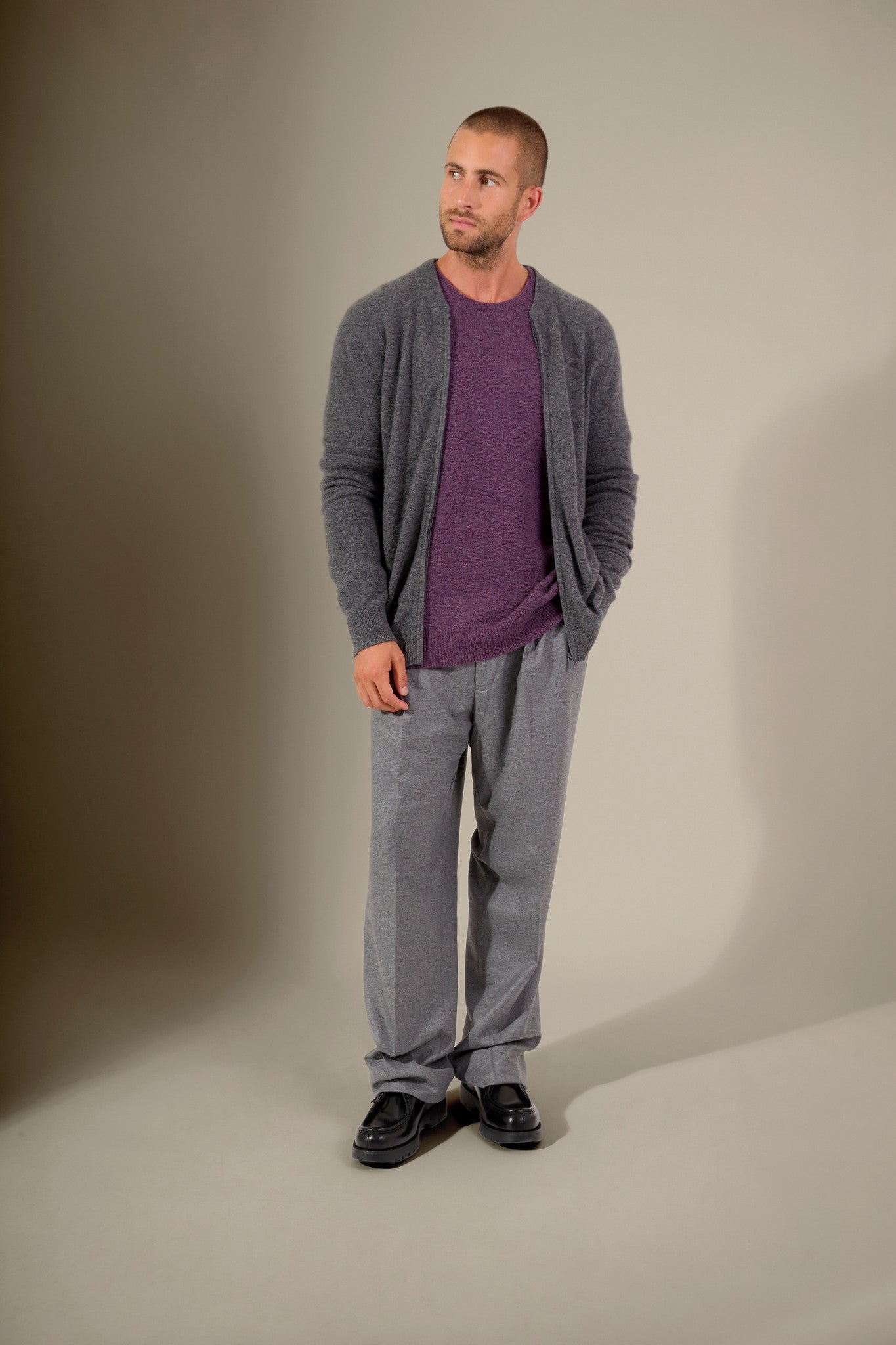 ramon gilet zippé col mao anthracite chiné 100% cachemire