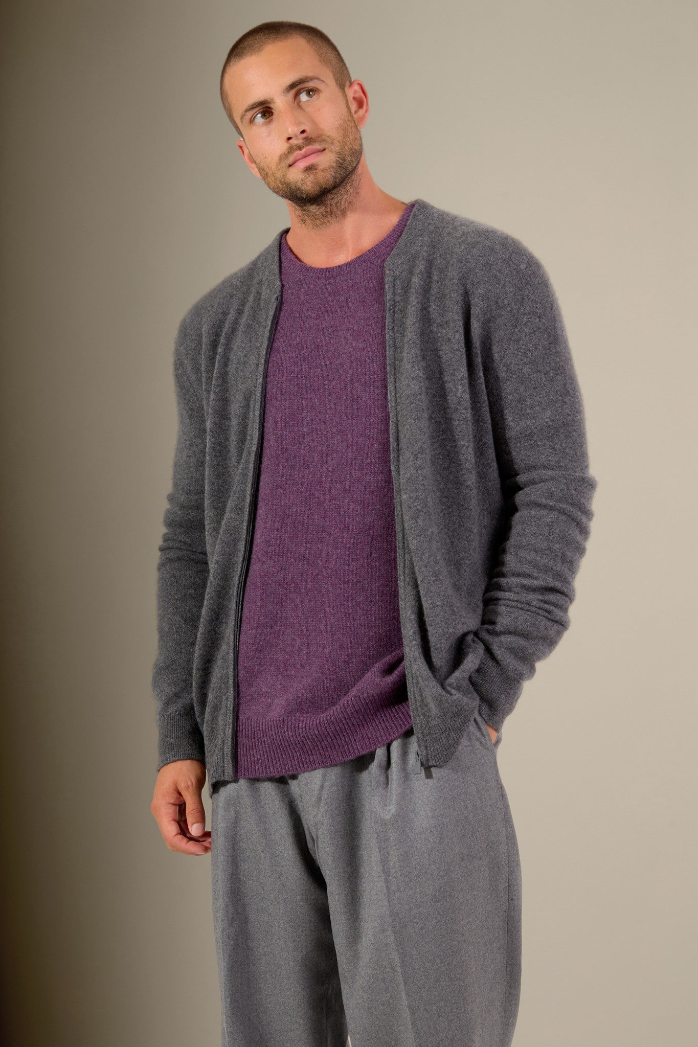 ramon gilet zippé col mao anthracite chiné 100% cachemire