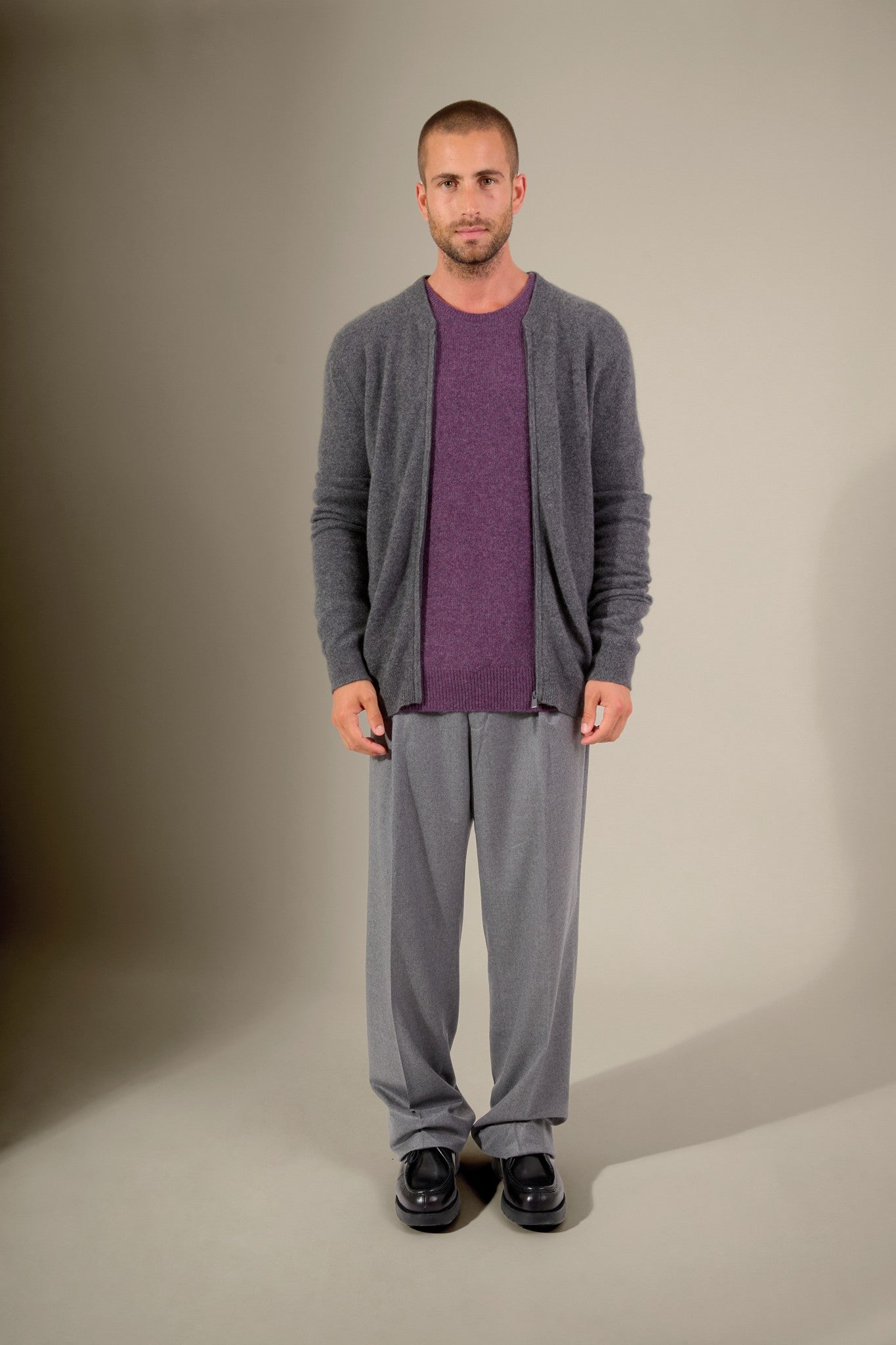 ramon gilet zippé col mao anthracite chiné 100% cachemire