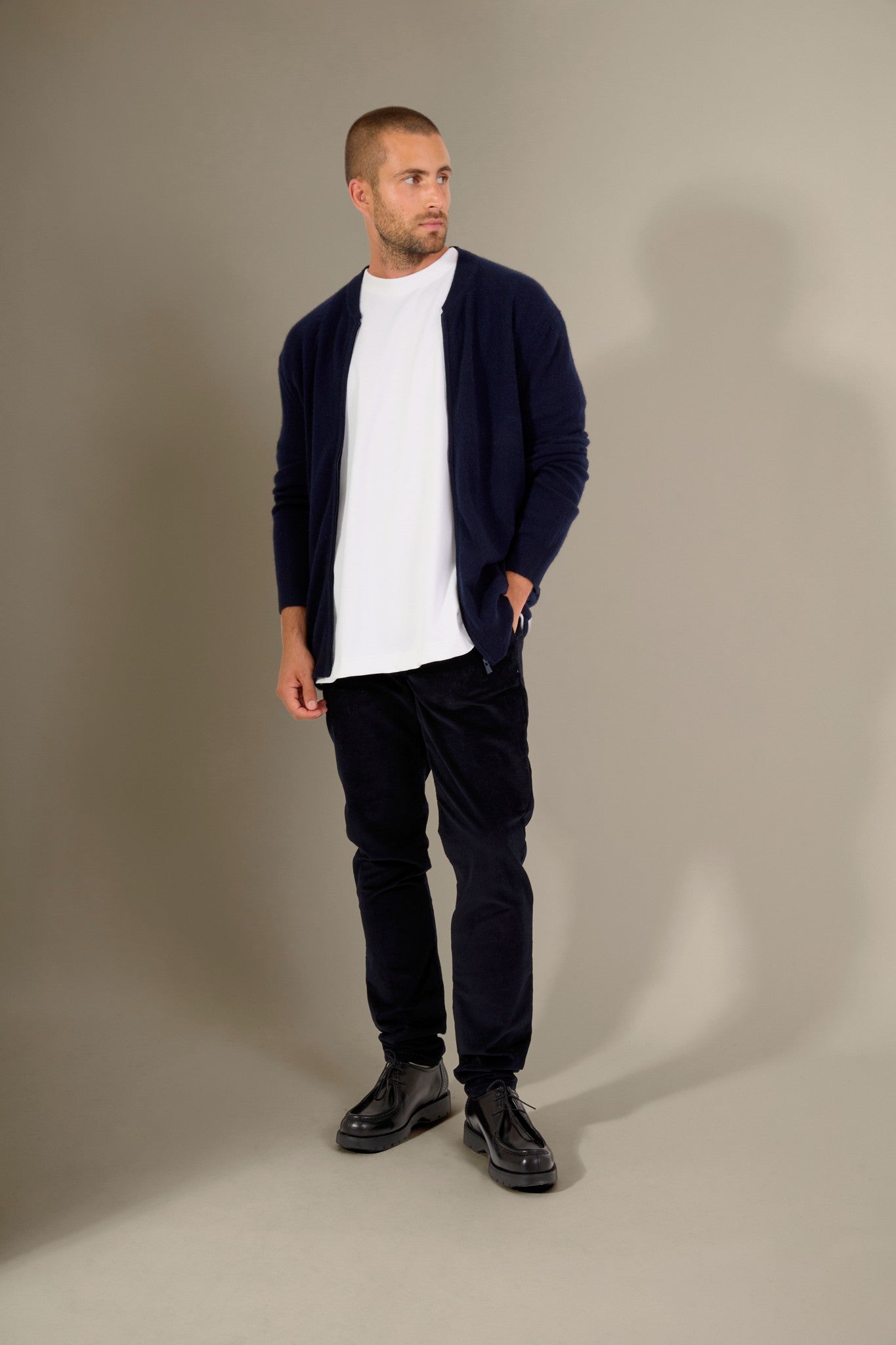 ramon gilet zippé col mao navy 100% cachemire