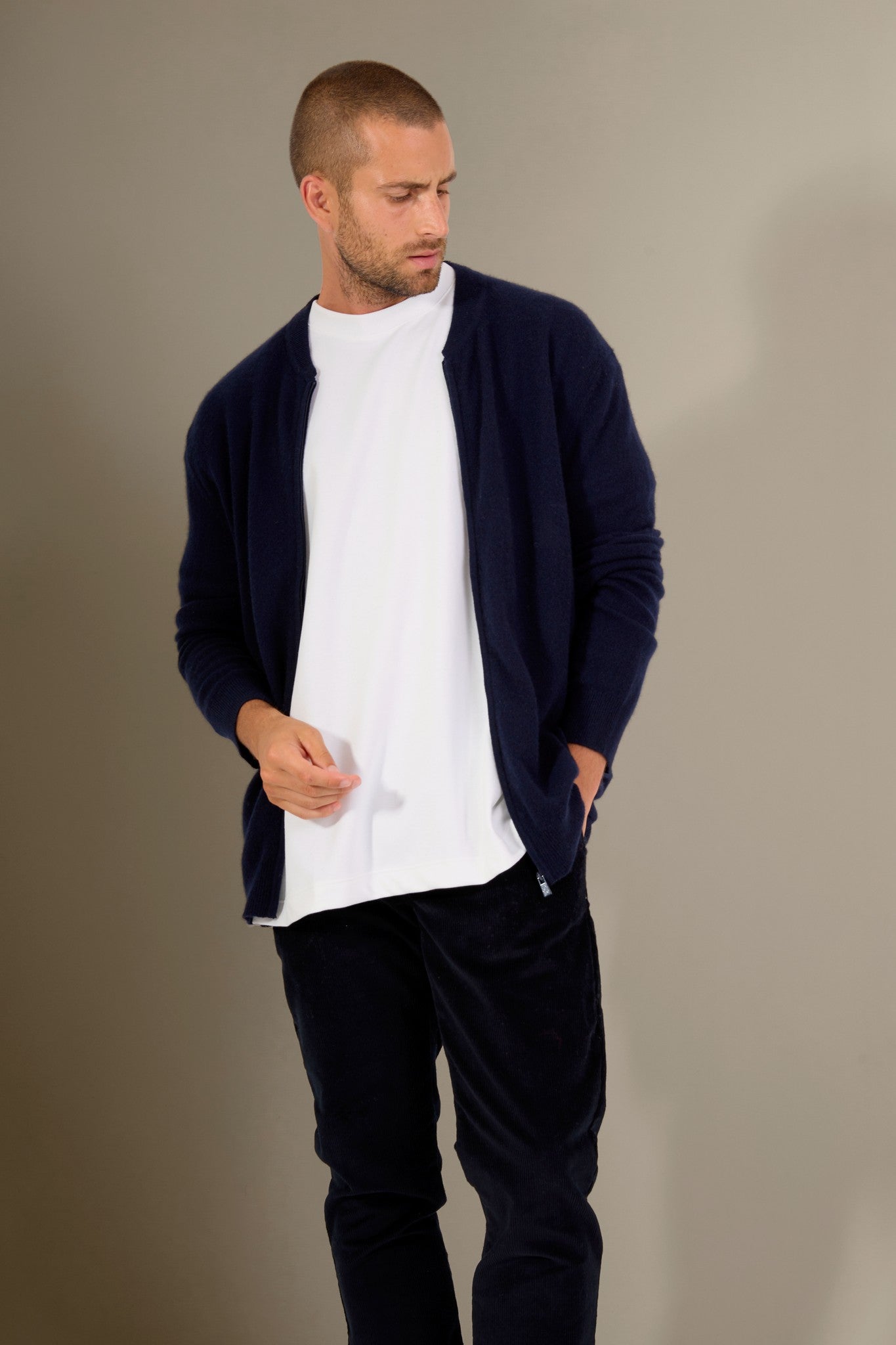 ramon gilet zippé col mao navy 100% cachemire