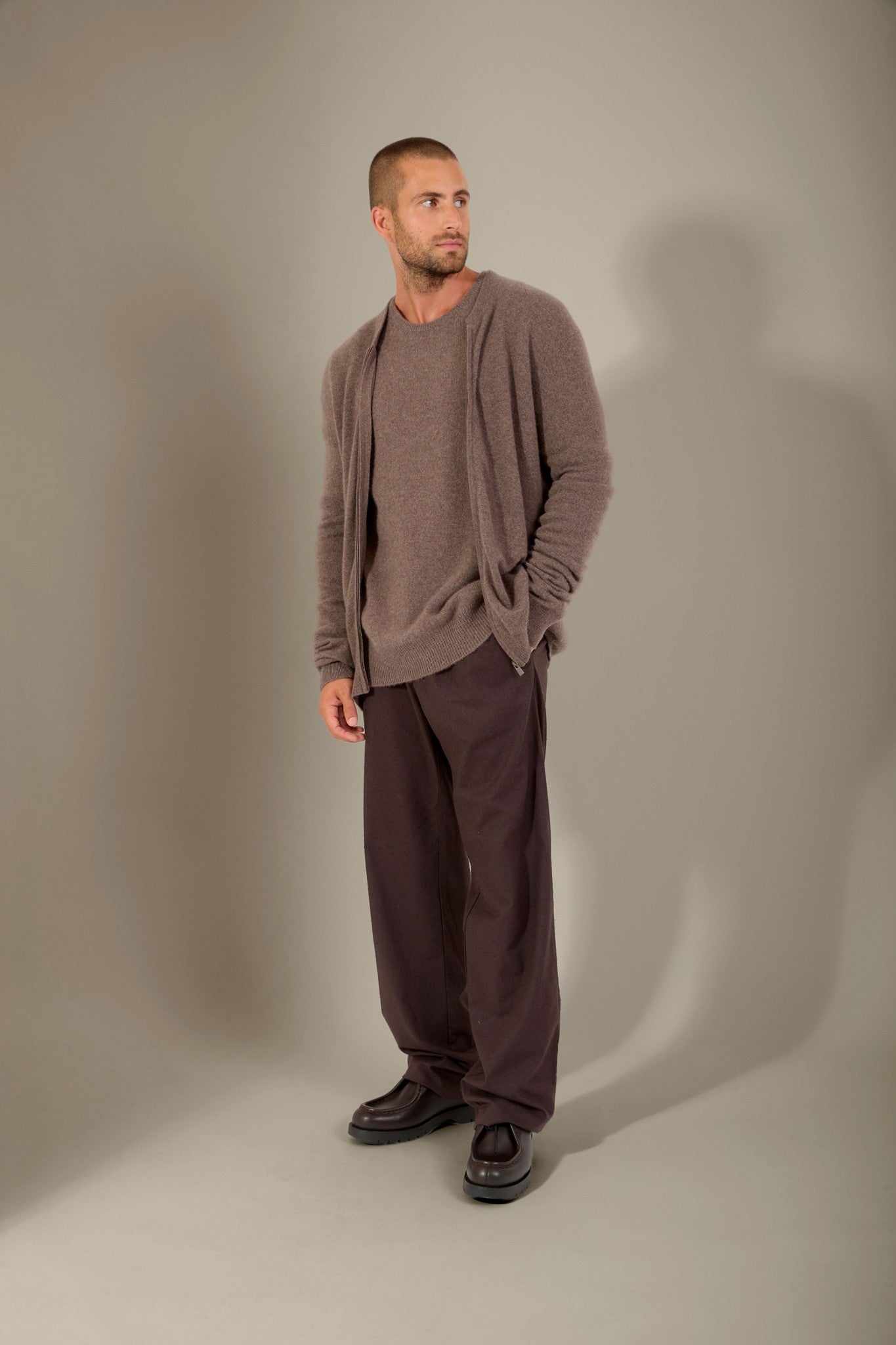 ramon gilet zippé col mao taupe chiné 100% cachemire