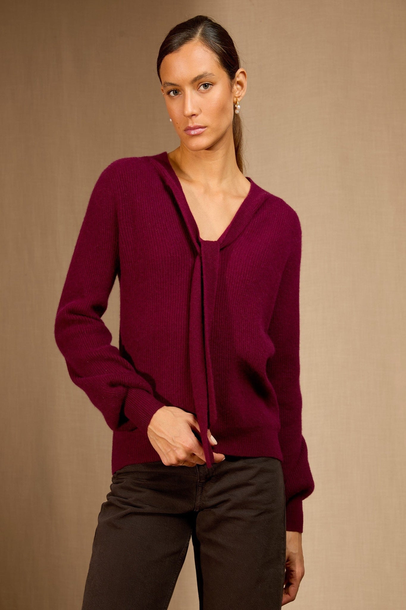 ruba pull col lavallière bordeaux 100% cachemire