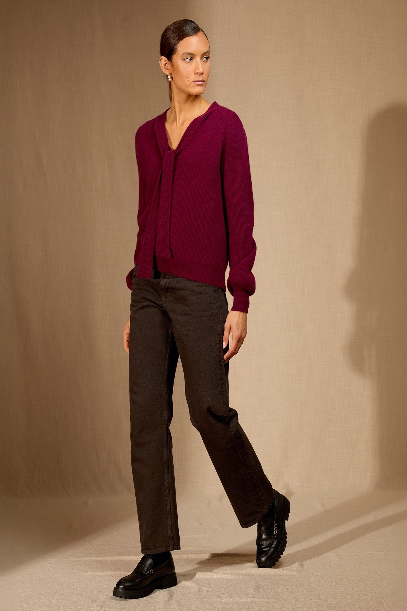 ruba pull col lavallière bordeaux 100% cachemire